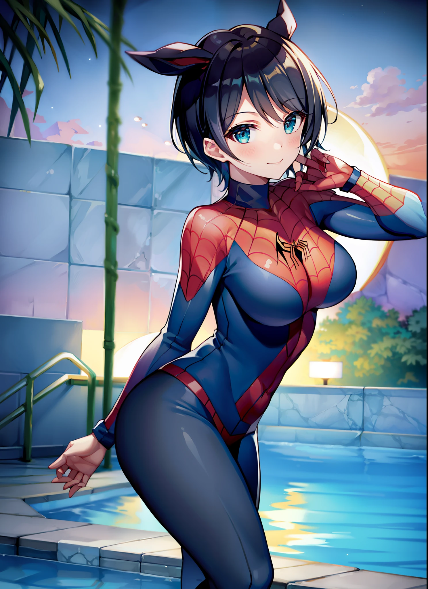 masterpiece, best quality, 8k, highres, 1girl, night, pool, neon, moon, seductive, spider suit,innocent smile,