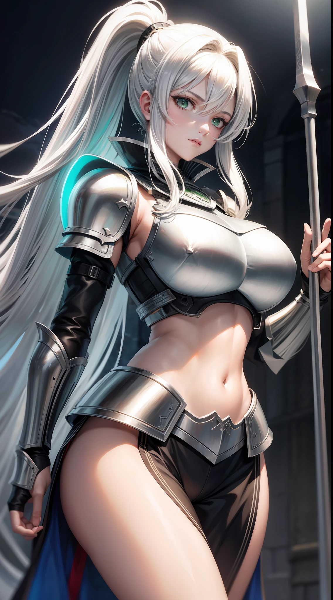 Adult woman, long white hair, high ponytail, green eyes, light knightly armor, sleeveless, open belly, shield, spear, masterpiece, high quality