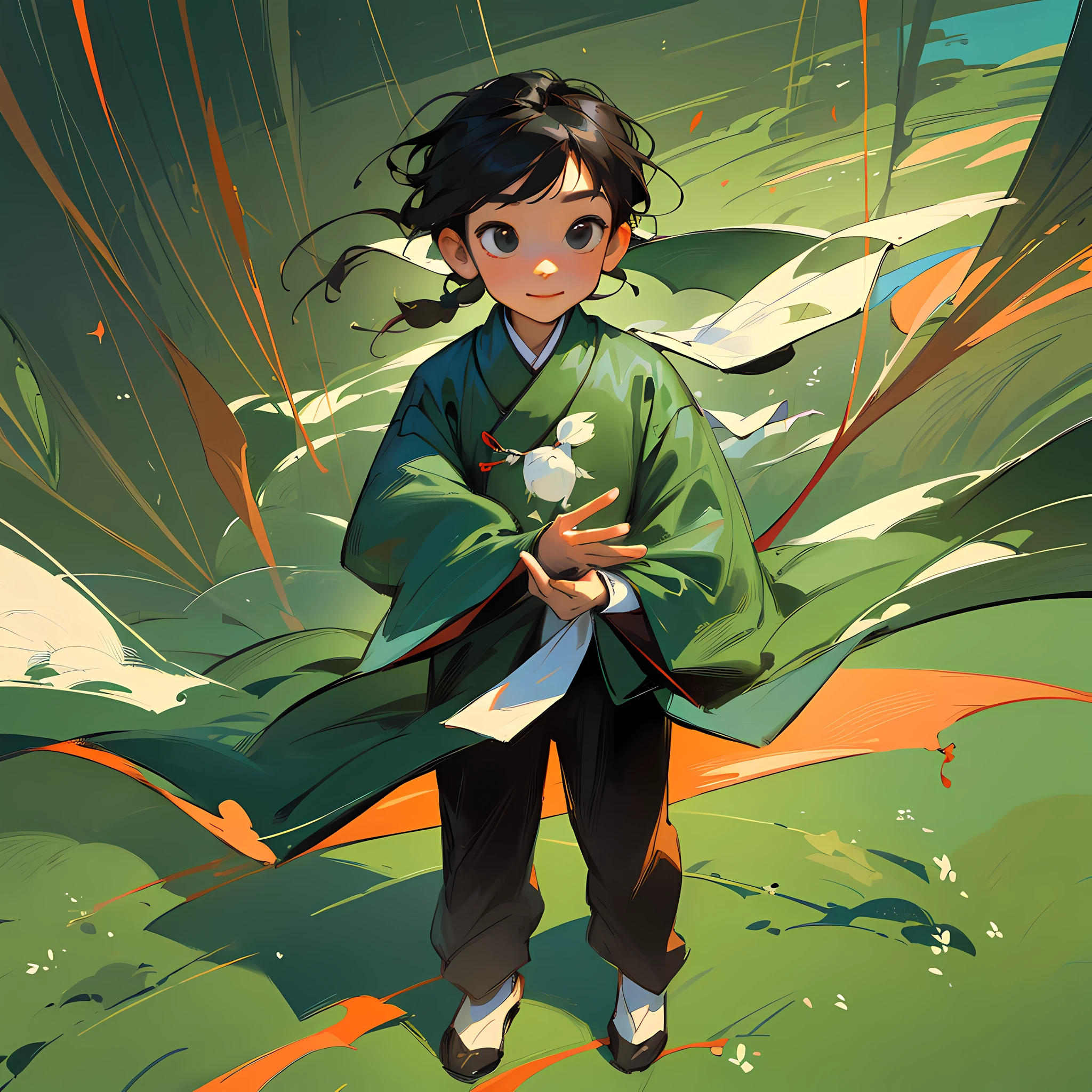 Masterpiece, high quality, men, children, black hair and black eyes, oil painting, Q version, green background, Chinese children's clothing, full body, (single)), kite flying, side, (calm atmosphere), (reduced perspective), smile, delicate and clear facial features, clear five fingers, empty hands