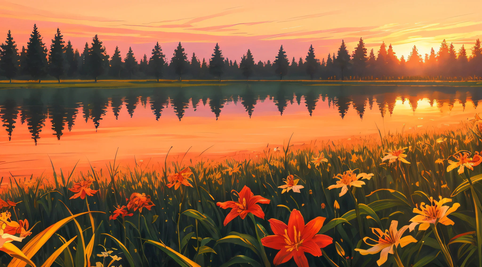 painting of a sunset over a lake with flowers and trees, floral sunset, beautiful digital painting, beautiful art uhd 4 k, warm beautiful scene, gorgeous digital painting, a beautiful landscape, background artwork, lily flowers. 8 k, beautiful anime scenery, beautiful wallpaper, anime beautiful peace scene, detailed painting 4 k, beautiful landscape, highly detailed digital painting