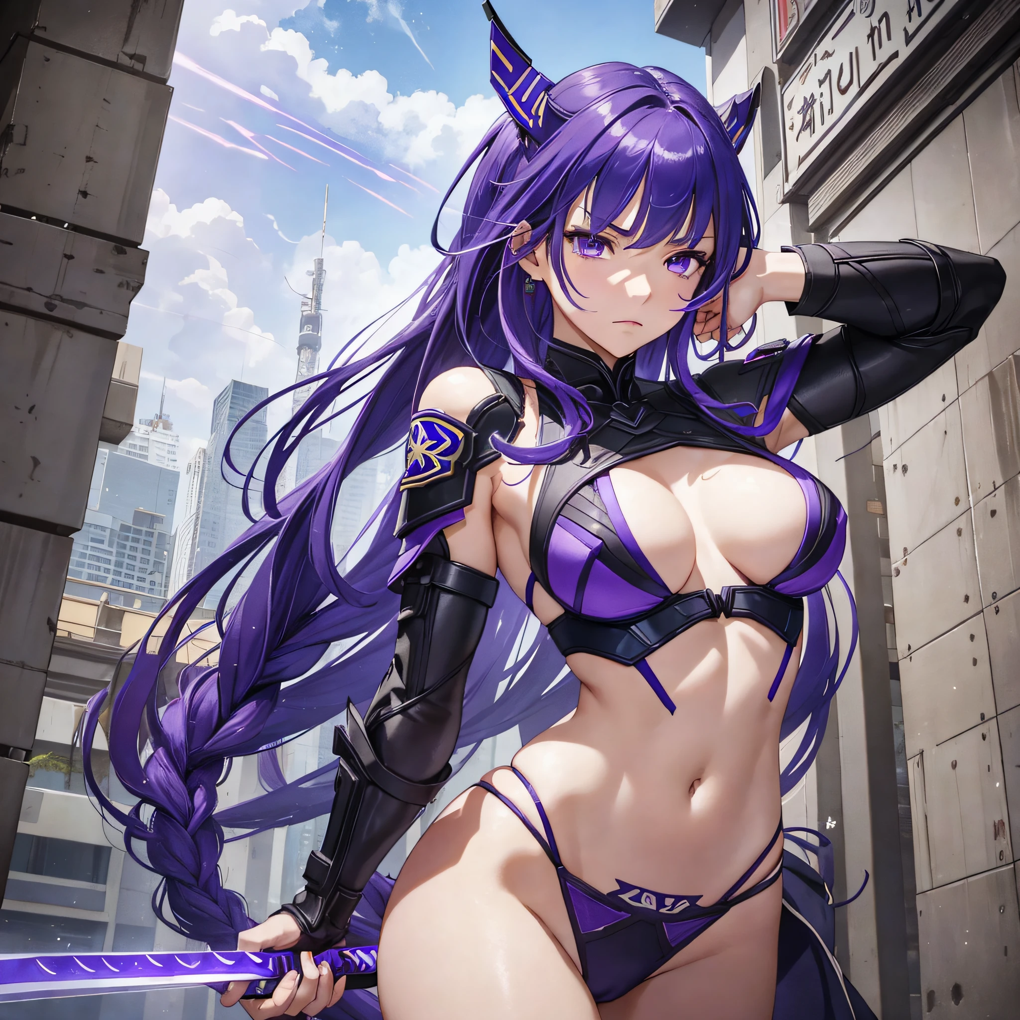 ((masterpiece, best quality)), (1girl), (solo), (female focus), upscale, (HD face), (((Raiden Shougun))) ((Genshin Impact)), bikini, purple hair, single and long braid hair, stuck hair, braid, purple eyes, small breasts, thick thighs, serious face, shy, blush, sea scenery, sword, katana, warrior, adult, adult face, mature face, menacing face, electric power --auto --s2