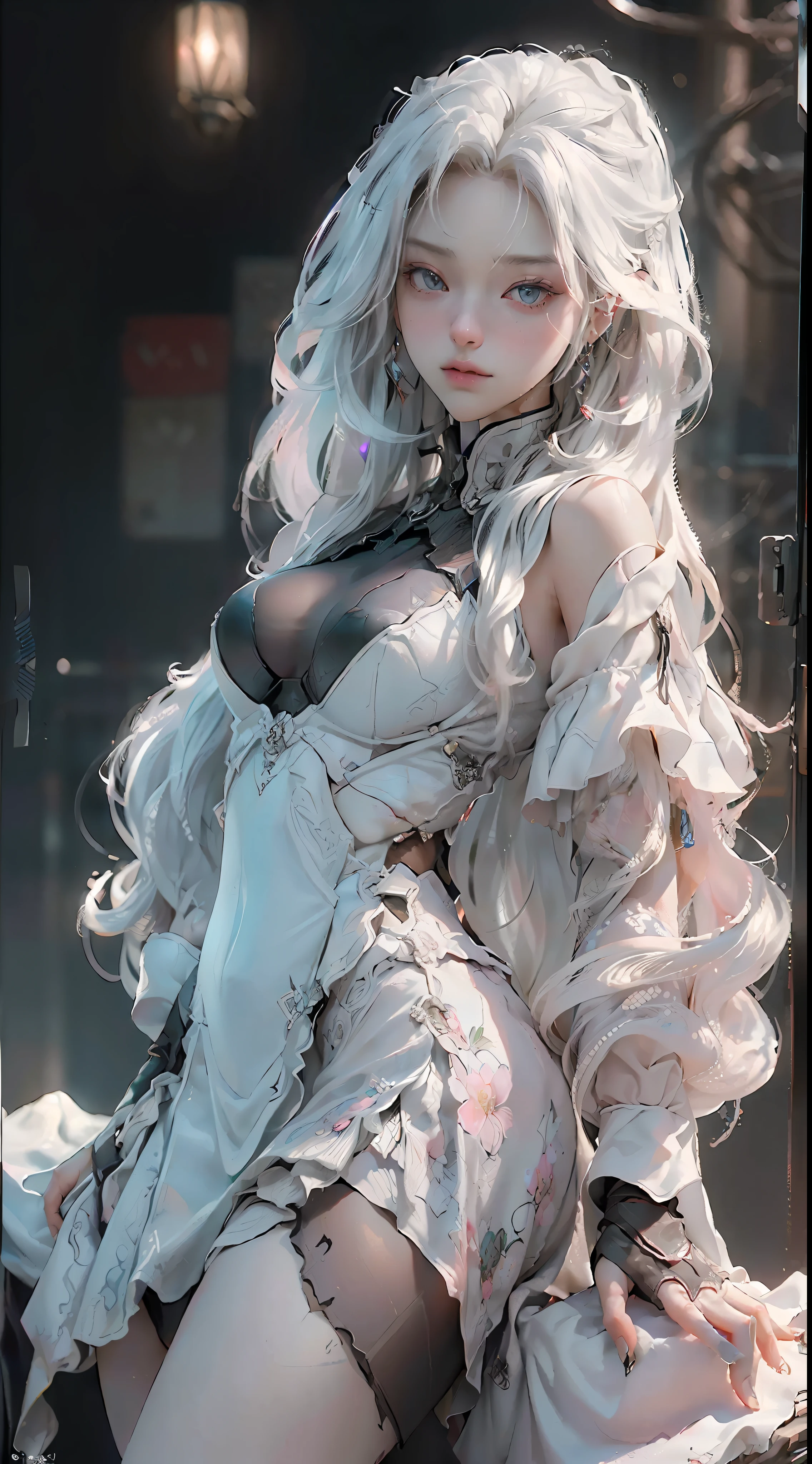 (Best Quality), ((Masterpiece), (Detail: 1.4), 3D, A Beautiful Cyberpunk Woman, HDR (High Dynamic Range), Ray Tracing, NVIDIA RTX, Super-Resolution, Unreal 5, Subsurface Scattering, PBR Textures, Post-Processing, Anisotropic Filtering, Depth of Field, Maximum Sharpness and Clarity, Multi-layer Textures, Albedo and Highlight Maps, Surface Shading, Accurate simulation of light-material interactions, perfect proportions, Octane Render, two-color light, large aperture, low ISO, white balance, rule of thirds, 8K RAW, realistic, (dignified fluff, perfect proportions, bright eyes, light makeup, big black eyes, pink and moist lips), white hair, big black eyes, cold storage, sharp eyes, flowers, (masterpiece, realistic, high resolution), ((1 girl): 1.2), ((white wavy long hair): 1.3), (business suit, office documents, sitting at desk, playing with mobile phone), ((big breasts): 1.5, thin waist: 1.2, strangled thighs: 1.3, fair and moist skin)