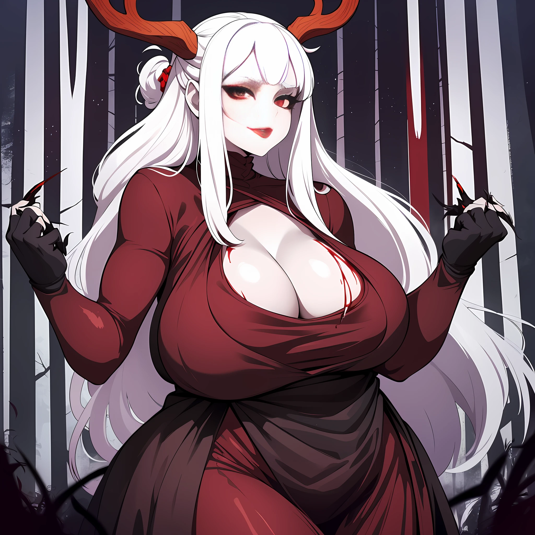 1girl, wendigo, huge breasts, long flowing dress, cleavage, plump, deep cleavage, hair tied up, lipstick, bending over, gigantic breasts, sagging breasts, deer antles, blood, blood covered breasts, blood dripping from mouth, white hair, pale skin, red eyes, in dark forest, smug look, black claws, glowing eyes