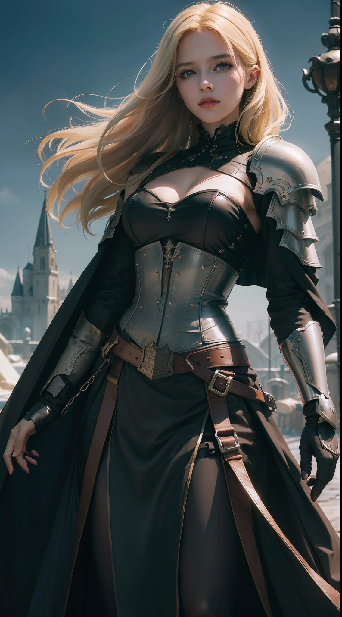 (Digital Work:1.3) by (marijameglaj:1.1), Rogue, blonde hair in the wind, detailed eyes, strapless gothic dress, armor workers, cape, dagger at the waist, castle, nikon d850, film, stock photography, 4 cameras kodak portra 400, lens f1.6, rich colors, hyper-realistic, realistic texture, dramatic lighting, unreal mechanism, trend in artstation, cinestill 800