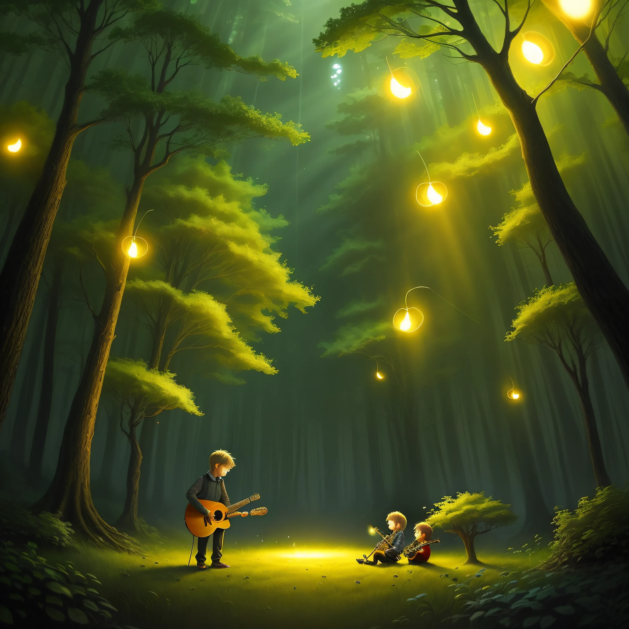 Hair, forest, mist, mist, glowing fireflies, flying fireflies, beautiful and cute s, little boyguitar and singing