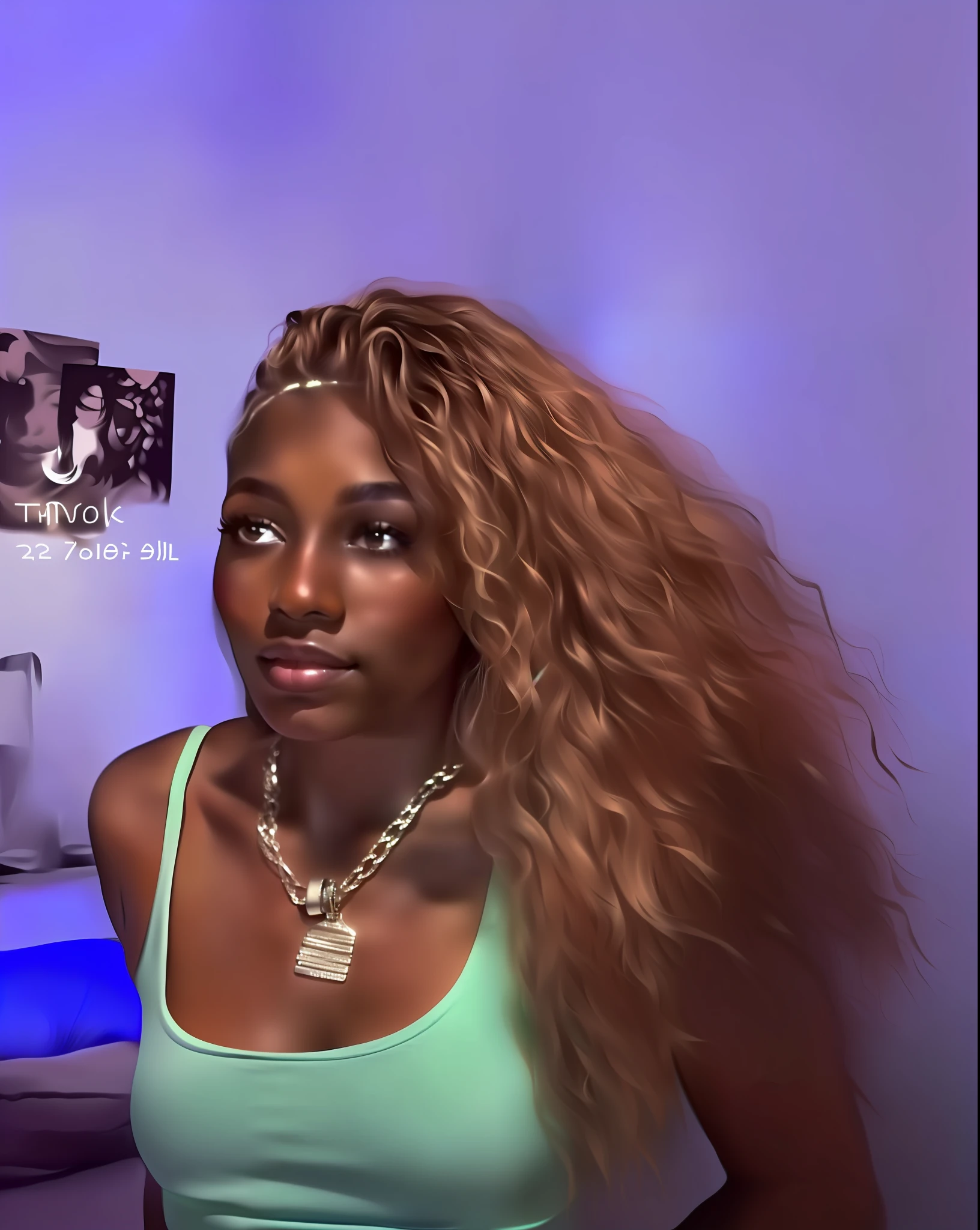 blond woman with long hair in a blue tank top and silver necklace, adut akech, with brown skin, taken in the early 2020s, ☁🌪🌙👩🏾, she has olive brown skin, thot, dark skinned, her skin is light brown, taken in 2 0 2 0, she has a glow coming from her, album art