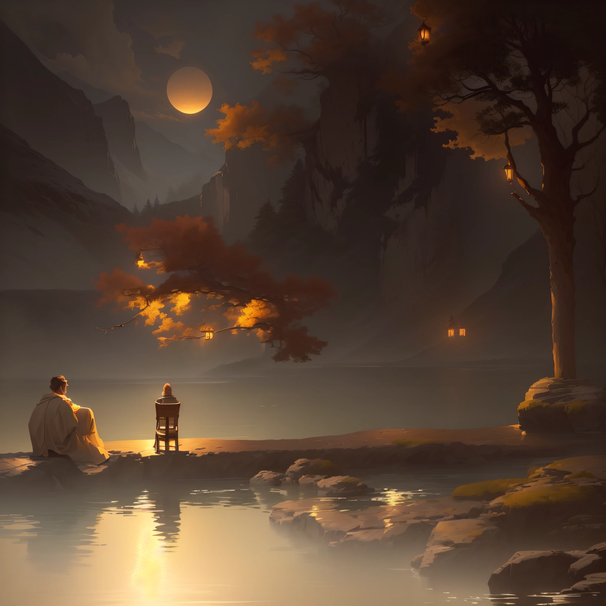 there is a man sitting on a rock by the water, serene illustration, quiet and serene atmosphere, relaxing concept art, calm night. digital illustration, tranquility, serene scene, serene evening atmosphere, tranquil scene, inspired by Johfra Bosschart, peaceful and serene, peaceful atmosphere, tranquil, inspired by Christophe Vacher, in a serene landscape, peaceful scene, serene