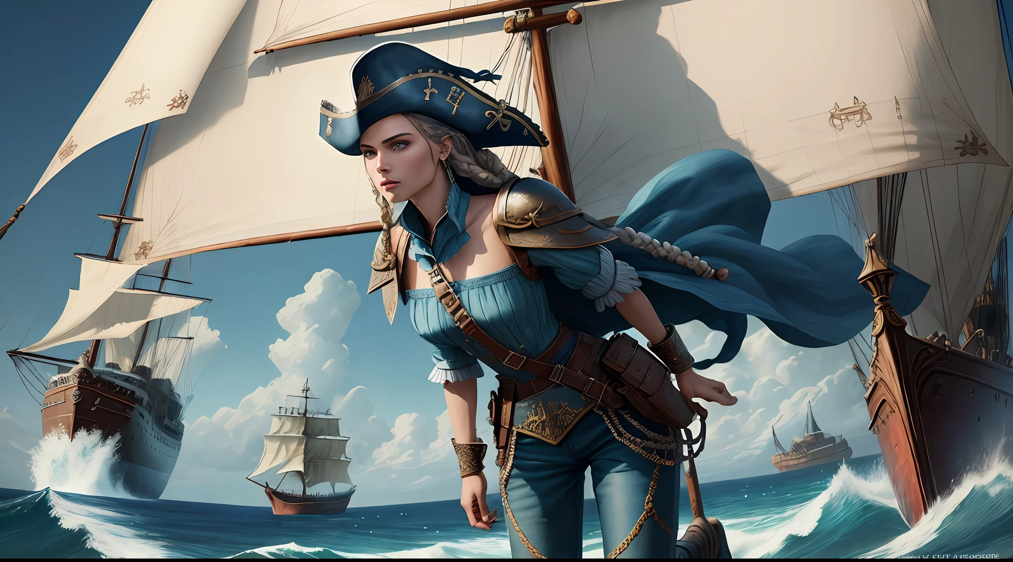 (highly detailed RAW color photo, ridiculous resolution, high resolution, super detailed), ((r 9 6 angles)), handsome and beautiful, fearless and brave expression, mature, thin shoulders, very thin body, long fear, black captive dark pirate hat, white dirty braids, vibrant green eyes, (detailed eyes and detailed face), extremely detailed 8k photos, looking at the viewer, alone, (full body: 0.9), overboard, offboard background, detailed face, (Medieval Fantasy Theme: 1.3), Light Blue Pirate Themed Armor with Highly Intricate Details, Blue Pants, Ship in the Background, Inside the Ship, Deck of the Ship, Inspired by Dungeons & Dragons, Digital Artwork, Surreal, Photography, Soft Lighting, Soft Details, Octane, ArtStation Trend, Ultra High Detail, Surreal, Movie, 16k