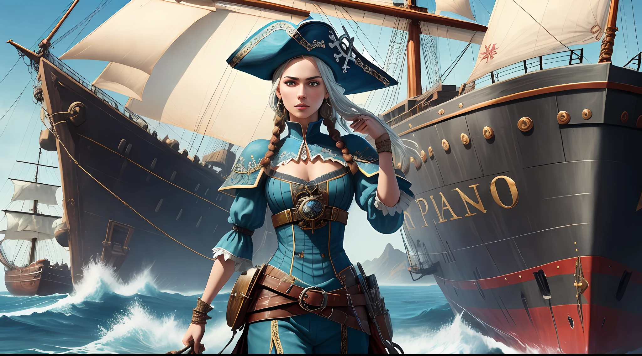 (highly detailed RAW color photo, ridiculous resolution, high resolution, super detailed), ((r 9 6 angles)), handsome and beautiful, fearless and brave expression, mature, thin shoulders, very thin body, long fear, black captive dark pirate hat, white dirty braids, vibrant green eyes, (detailed eyes and detailed face), extremely detailed 8k photos, looking at the viewer, alone, (full body: 0.9), overboard, offboard background, detailed face, (Medieval Fantasy Theme: 1.3), Light Blue Pirate Themed Armor with Highly Intricate Details, Blue Pants, Ship in the Background, Inside the Ship, Deck of the Ship, Inspired by Dungeons & Dragons, Digital Artwork, Surreal, Photography, Soft Lighting, Soft Details, Octane, ArtStation Trend, Ultra High Detail, Surreal, Movie, 16k