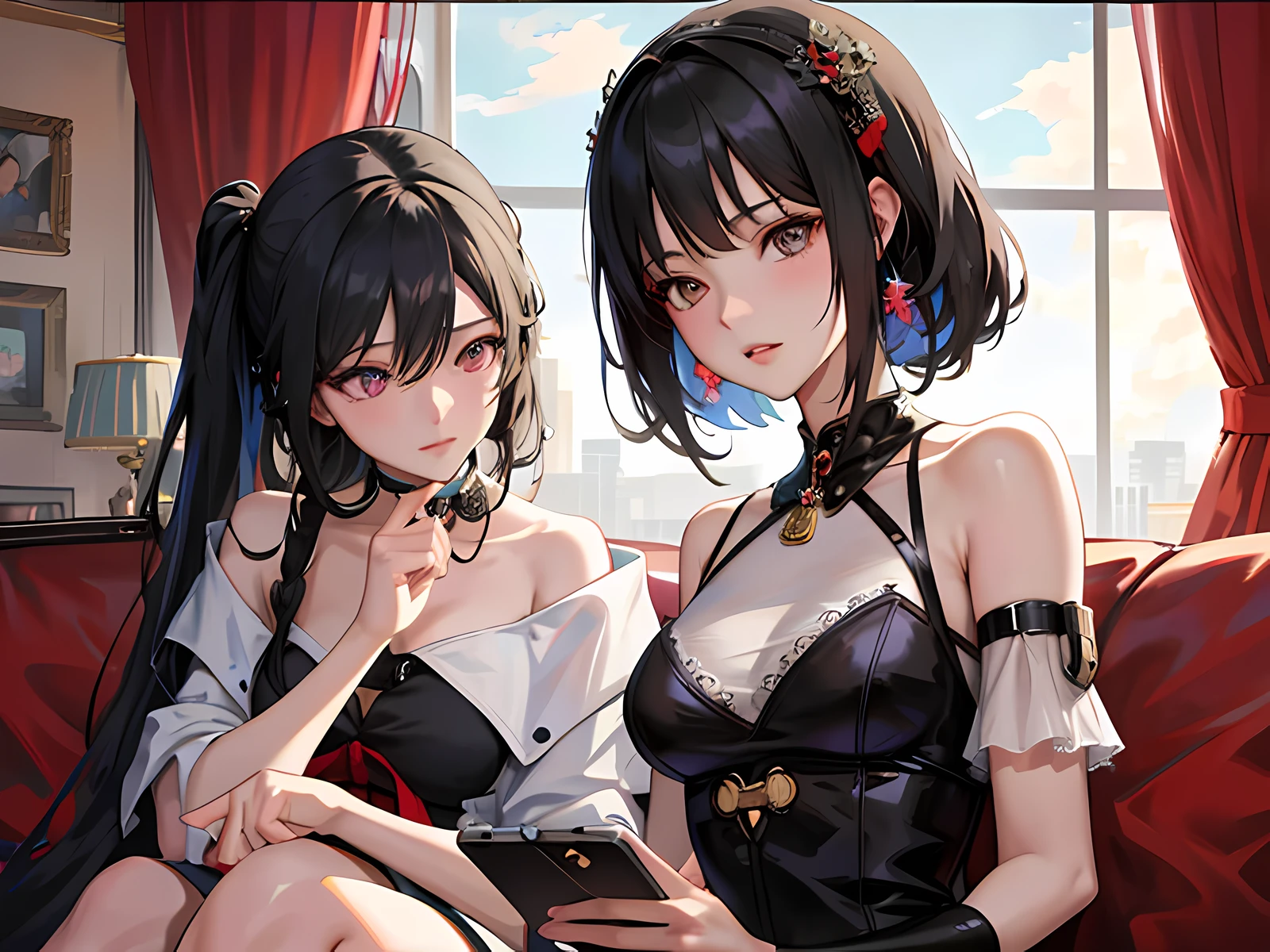 anime image of two women sitting on a couch looking at a cell phone, trending on cgstation, artwork in the style of guweiz, guweiz, two beautiful anime girls, from girls frontline, trending at cgstation, by Yang J, wlop and sakimichan, artgerm and atey ghailan, anime girls, girls frontline style