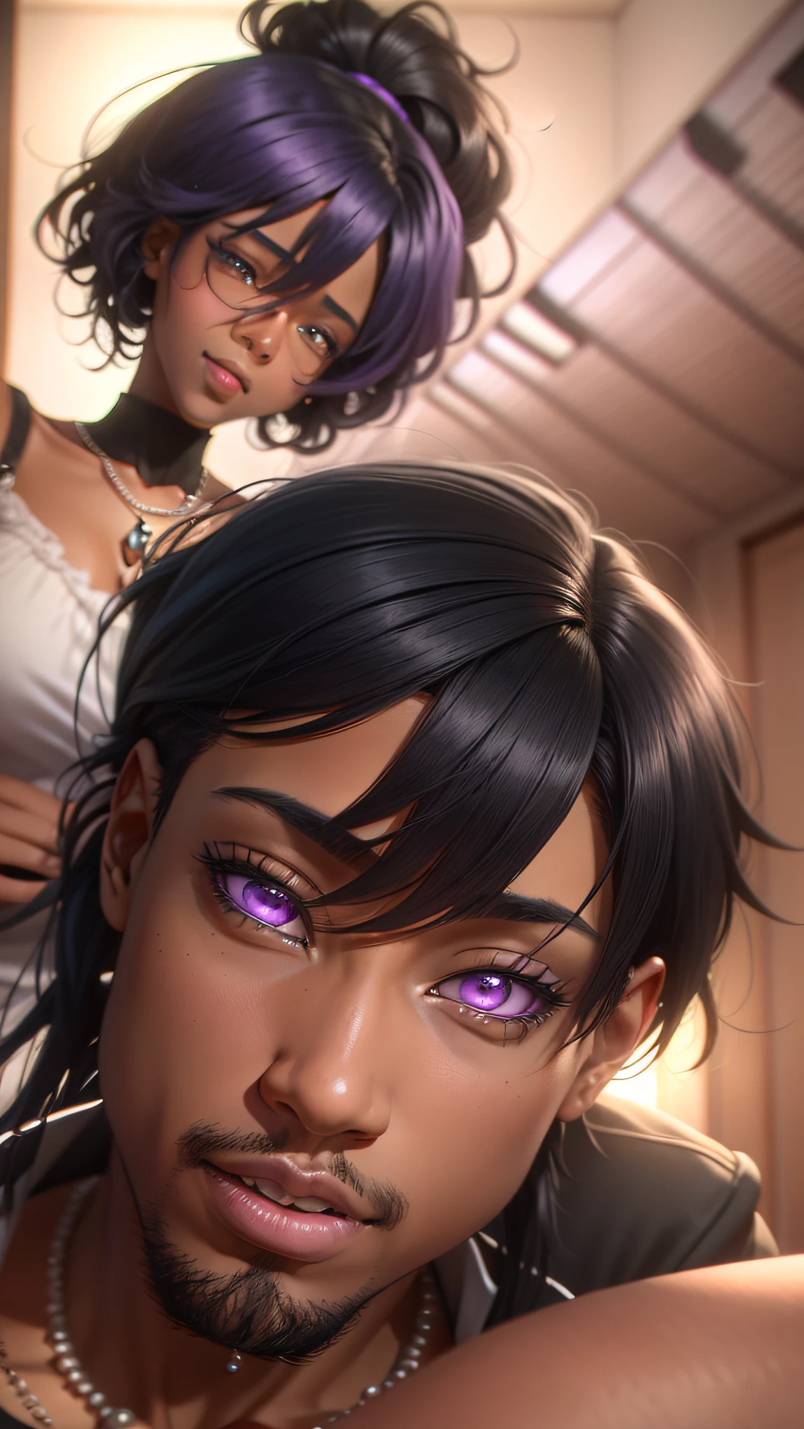 black girl and boy, a couple love, lots of detail, realistic, necklace, 25 years, gray theme, black hair, purple hair, dilated pupils, seductive smile, anime style, chromatic aberration, pov, Fujifilm, 4k, 4K, 16k --auto --s2