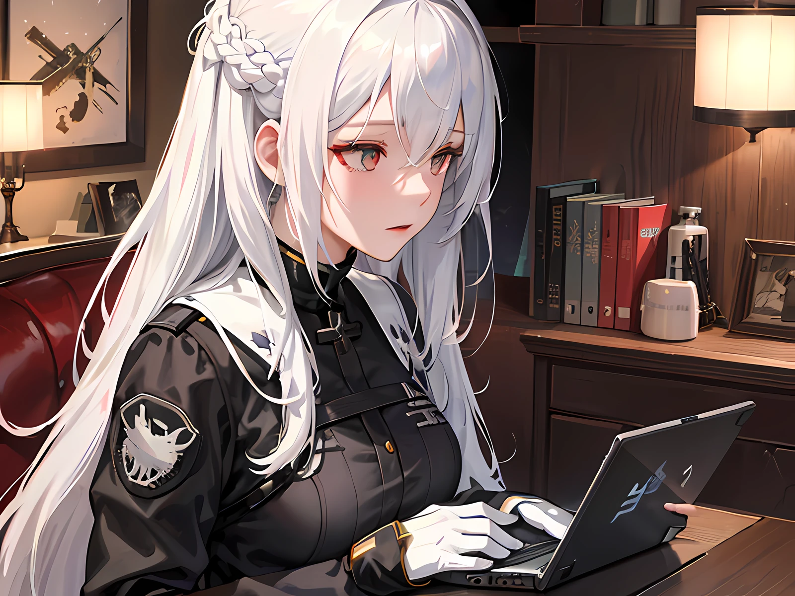 anime girl with long white hair holding a tablet computer, from girls frontline, girls frontline style, girl with white hair, girls frontline cg, perfect white haired girl, fine details. girls frontline, trending on cgstation, white haired lady, white haired, white-haired, girls frontline, artwork in the style of guweiz, girls frontline universe