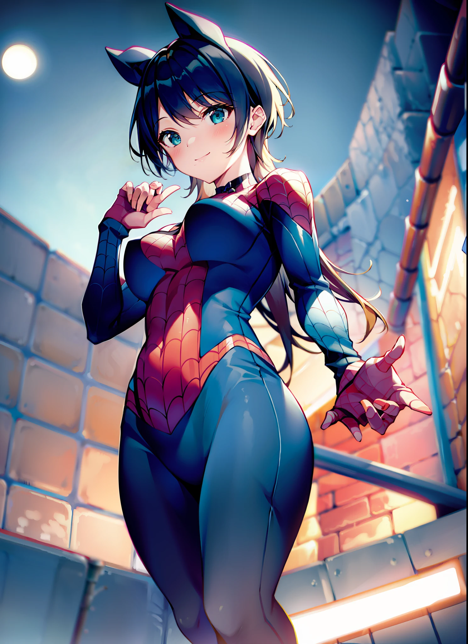 masterpiece, best quality, 8k, highres, 1girl, night, pool, neon, moon, seductive, spider suit,innocent smile, from below