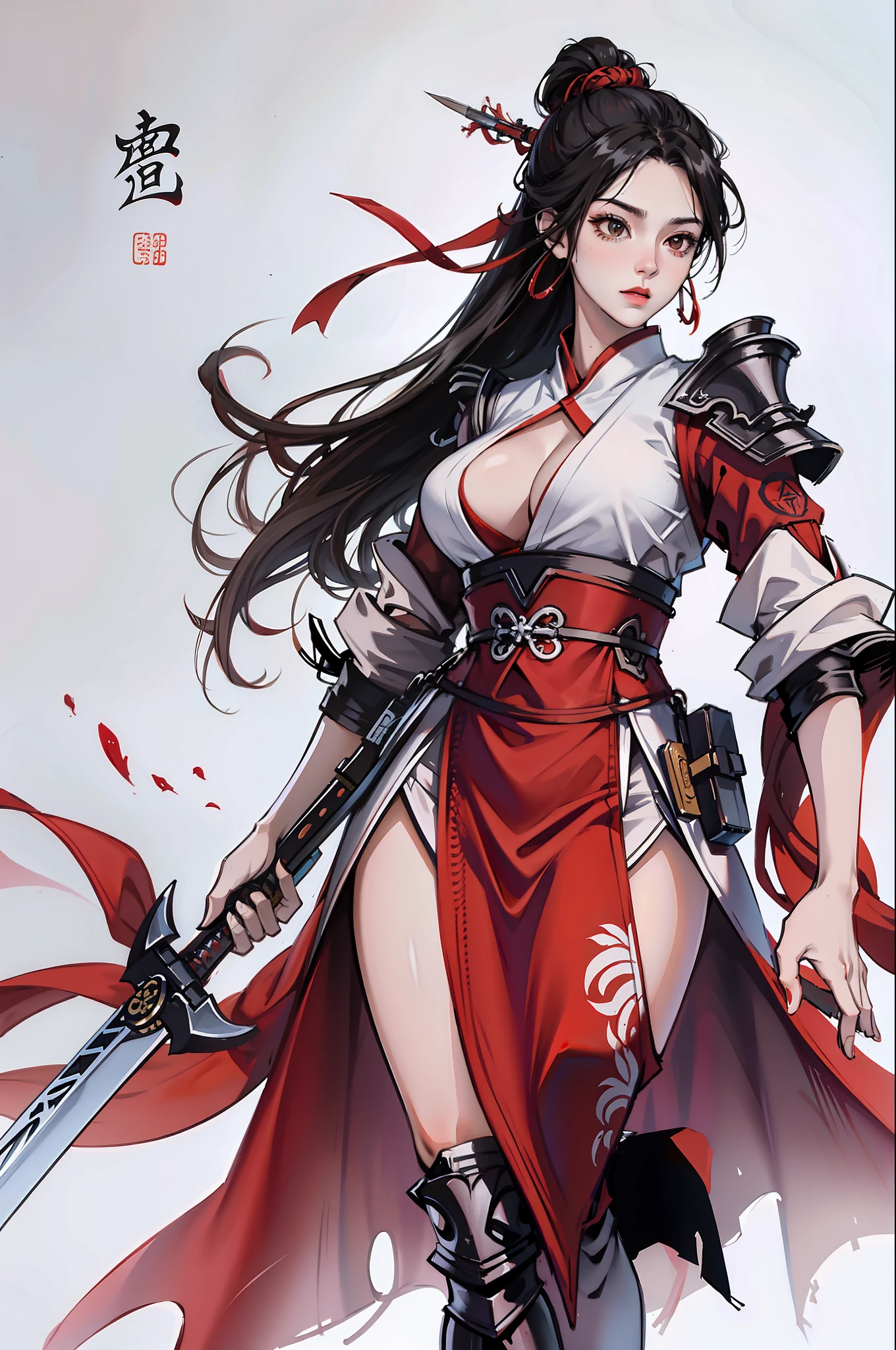 An ancient Chinese female general with a sword in her hand, grim expression, full body, clear facial features, amazing facial features, red robe, armor, boots, white background, game model, stunning lighting, C4D, OC rendering, movie edge light, delicate light, masterpiece, super detail, epic composition, super high-definition, high quality, highest quality, 32k