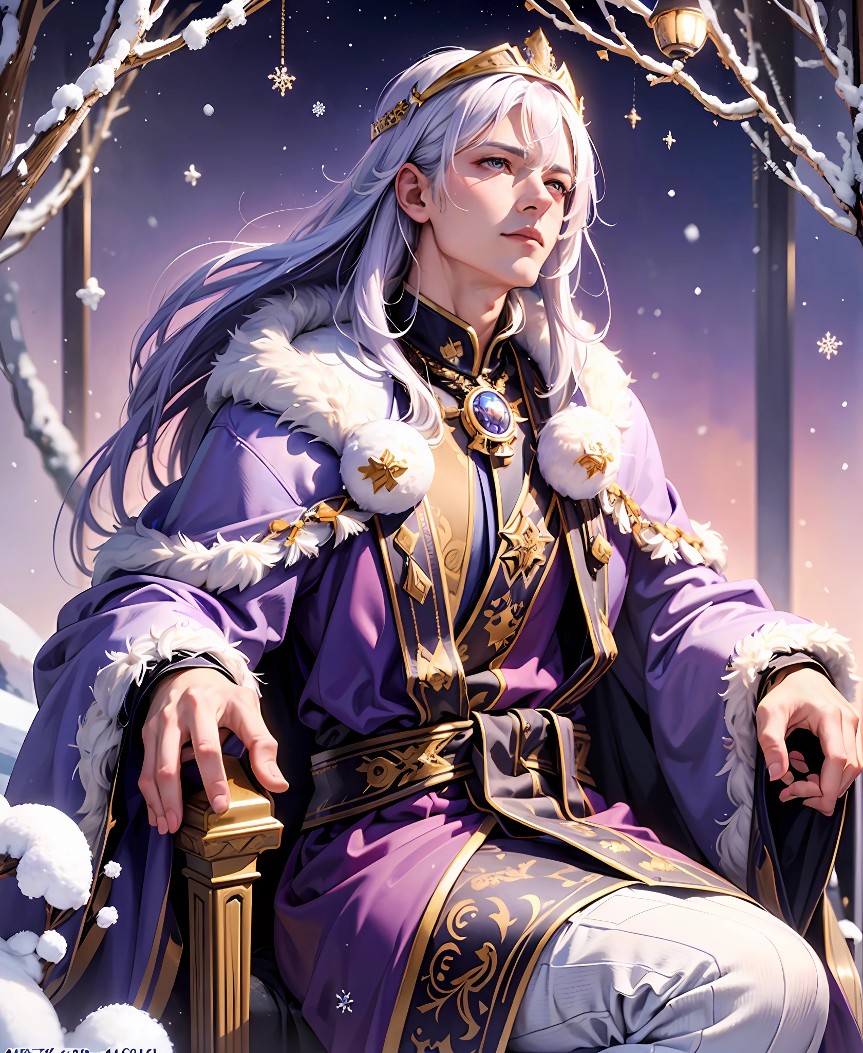 (beautiful CG, beautiful picture) snow scene, ((male middle-aged emperor)), sitting on the throne, majestic, dressed in a luxurious purple robe, calm and majestic, snowflakes and breeze under the harsh winter, adding to the mystery and romantic atmosphere.