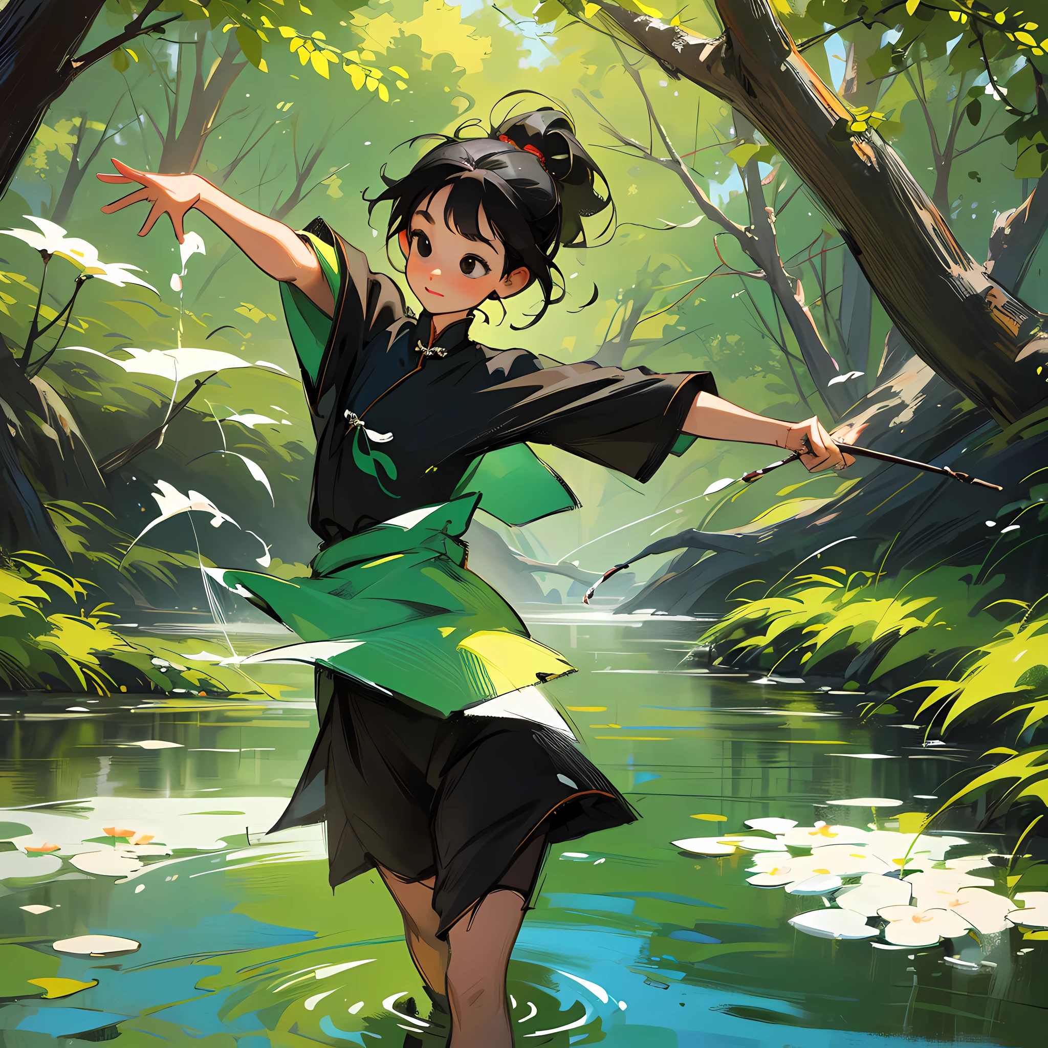 8k, masterpiece, high quality, children, black hair and black eyes, oil painting, Q version, green short sleeves, Chinese children's clothing, playing in the stream, background tree