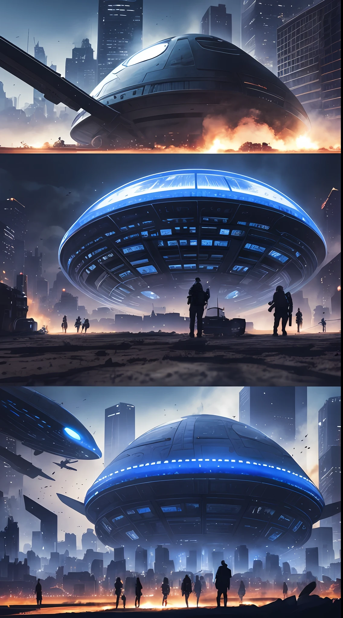 /imagine prompt: [Illustration storyboard] comic page, multiple images on one page: alien spaceship landing on Earth (vista), smoke and dust in the city (medium view), a group of people with weapons, fighting alien creatures (close-up) [multi-camera continuous shooting] cobalt blue and reflective silver, film P30, unequal slash composition, in the style of Paul Chadeisson