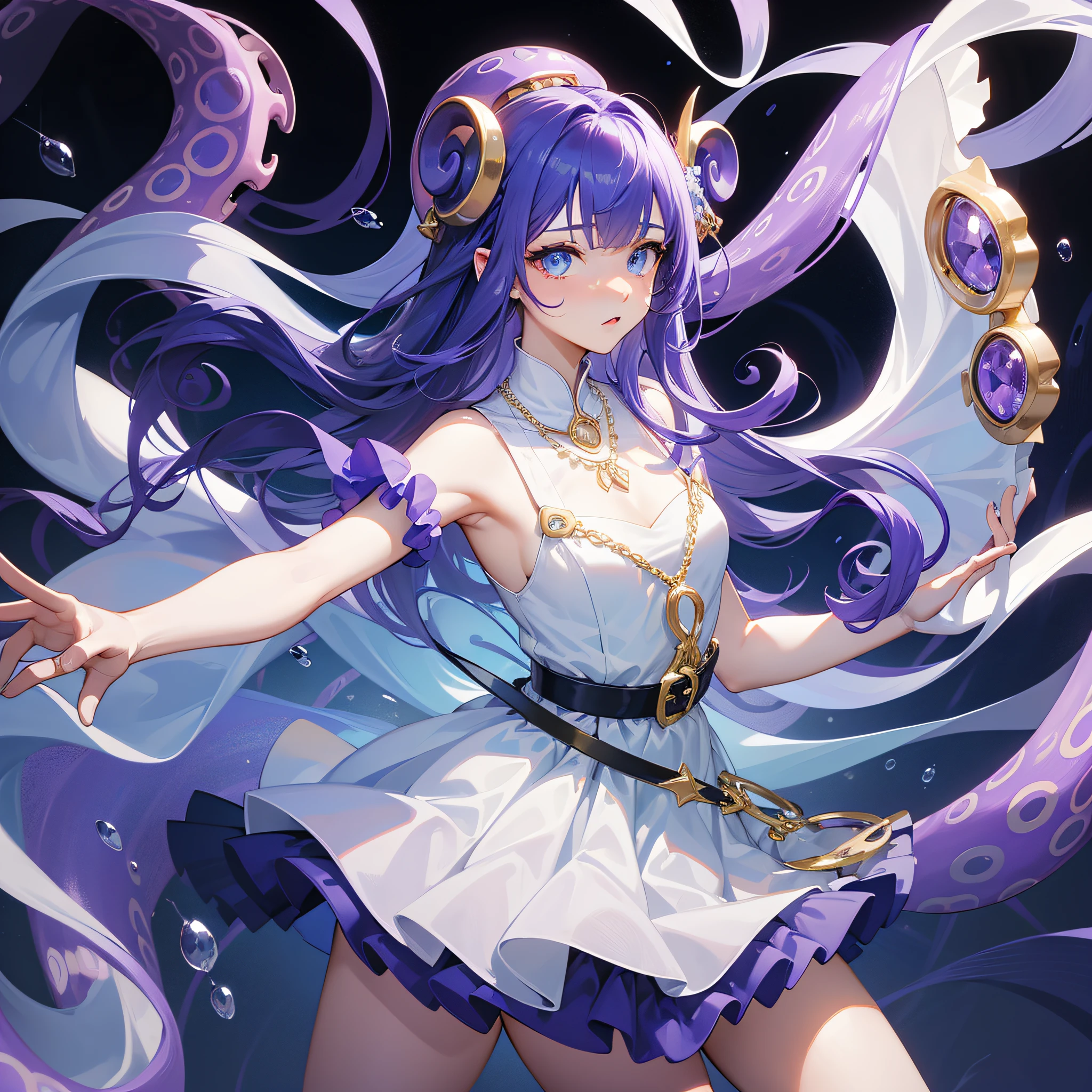 cephalopod, (cephalopod), vivid purple tentacles, translucent ribbons, white simple dress, vivid blue teardrop belt, vivid blue teardrop necklace, vivid purple japanse hair tyle, pure golden eyes, dancing, masterpiece, Best Quality