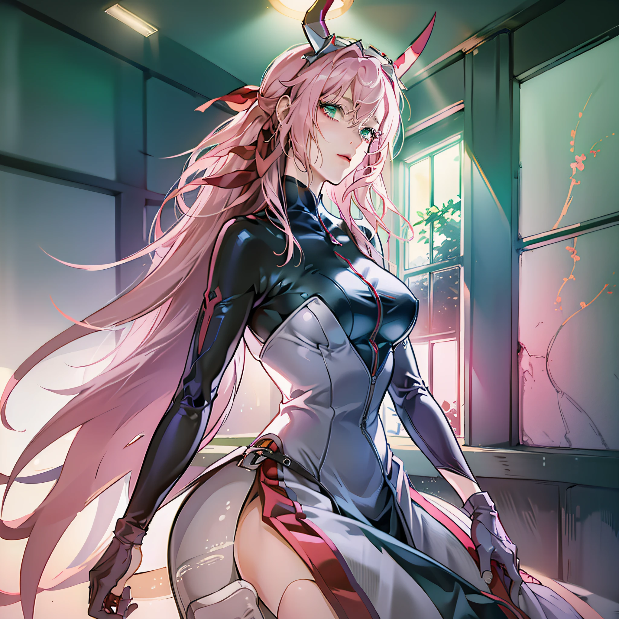 masterpiece, (photorealistic:1.4), best quality, beautiful lighting,
zero two \(darling in the franxx\), darling in the franxx, 1girl, ass, bodysuit, breasts, from behind, green eyes, grey background, horns, long hair, looking at viewer, medium breasts, pink hair, red bodysuit, red horns, solo, indoors, sci-fi, ((masterpiece)) intricate details, natural light, RAW photo, 8k uhd, film grain --auto --s2