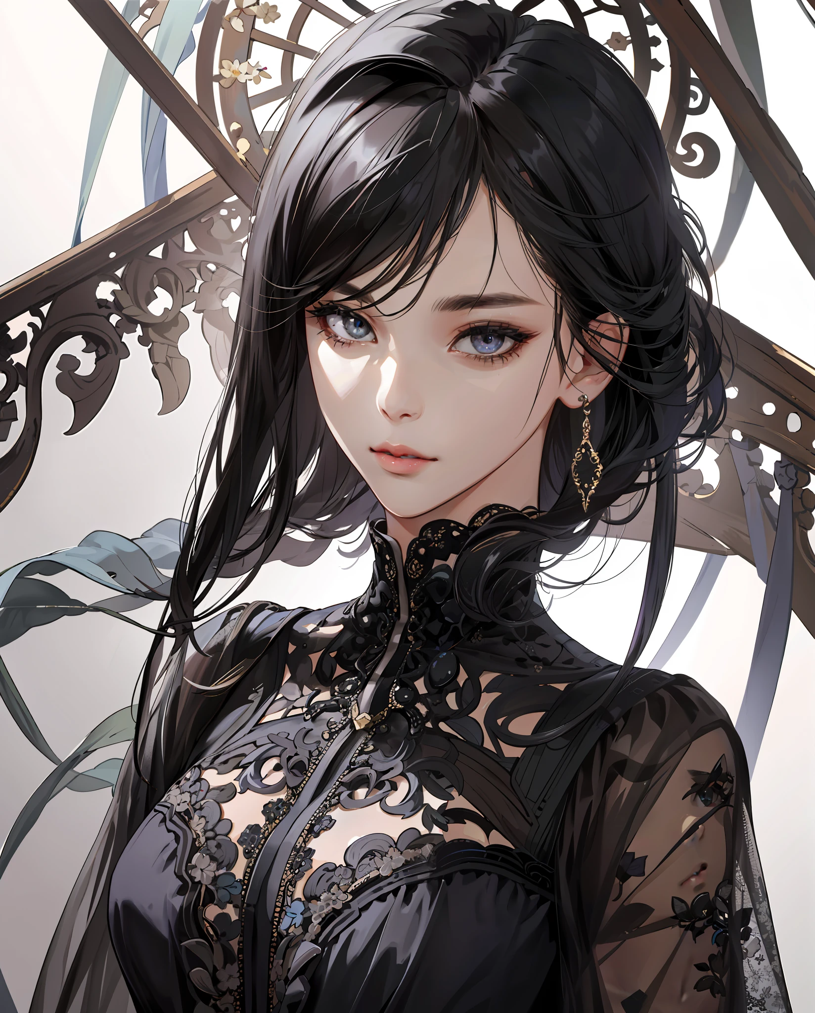 (absurd, high resolution, super detail), beautiful girl, intricate details, enlarged textures, intricate details, fine eyes and detailed face, intricate details, black hair, (closed mouth), perfect eyes, matching eyes, well-formed lips