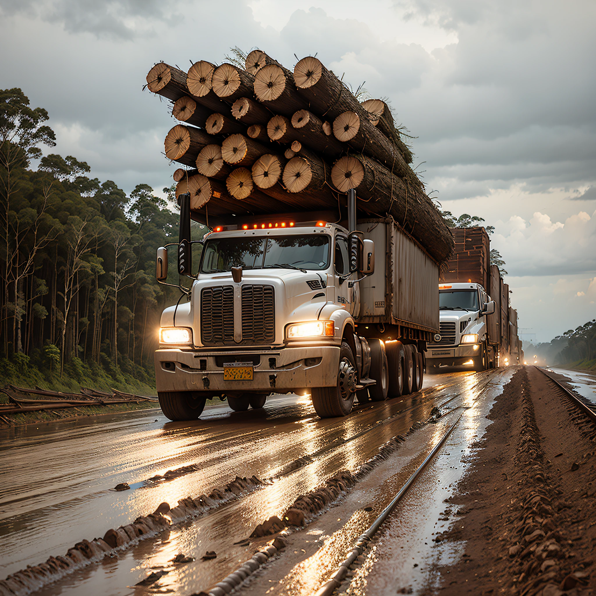 Trucks crossing the Transamazonian laden with logs of trees