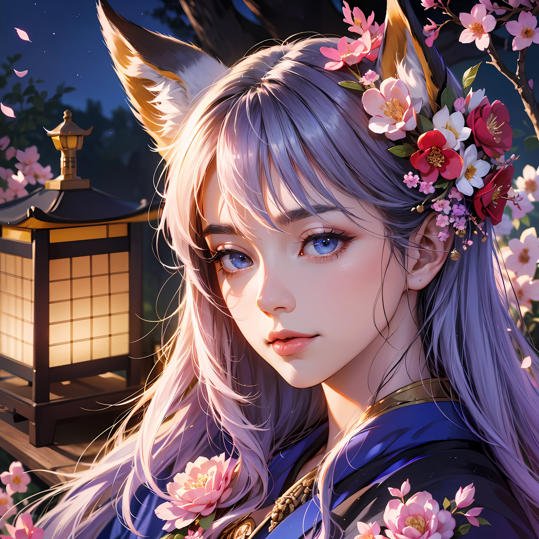 (absurdres, highres, ultra detailed), close-up of face, emphasis on face, focus on face, one woman, mature woman, aged, long straight hair, shiny beautiful hair, blue eyes, bangs, long sleeves, finely drawn eyes and detailed face, eye highlights, hands without breaks, rich Lighting, Highly detailed CG unified 8K wallpaper, Intricate details, Portrait, Gazing, Solo, Half shot, Fine drawn face, Soft smile, Dynamic pose, Classical period, (Ancient Japanese themed: 1.1), Japanese mythology, Fox ears, Japanese, ruler, Blue kimono Japanese, Floral Kimono, Ancient theme, (Prosperous Civilization: 1.1), Moon in background, (Immaculate: 1.1) Shrine, Torii gate, Japanese landscape, Ancient city in background, Fox mask, Fantastic, Dreamy, dancing lights, Lantern, Austere, Night, Darkness, Stars, Portrait, Cinematic lighting, Flower hair ornament, Dating, Cherry blossom --auto --s2