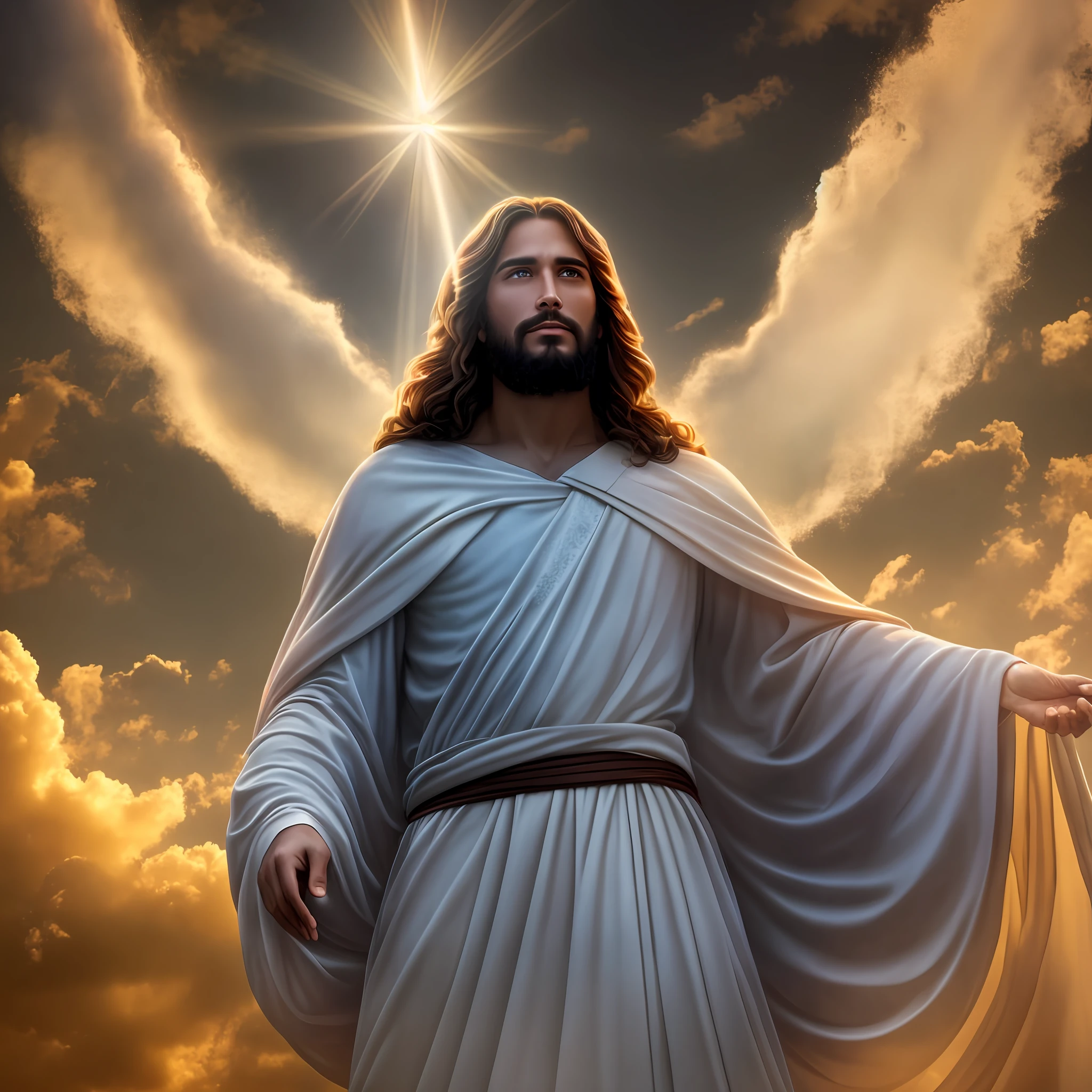 An enchanting aura surrounds the 27-year-old man, Jesus Christ, as he stands glorious and majestic among the clouds in heaven, illuminated by divine light.