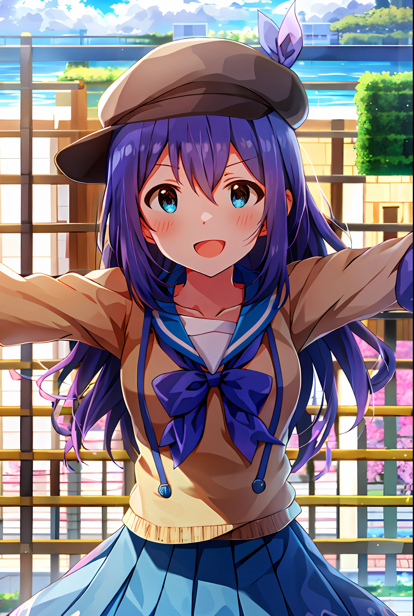 Anna Mochizuki (Million Live), Shiny Trinity \ (Costume), (Top Quality, 8K, Masterpiece, Super Detail: 1.2), Sea, Sun, Mottled Daylight, Blue Sky, Beautiful Clouds, 1 Girl, Solo, Skirt, Straight Face, V, View Viewer, White Sailor Color, Blue Shirt, Sailor Color, Blue Skirt, Pleated Skirt, Short Sleeve, :d, Shirt, School Uniform, Blush, Serafuk, Clavicle, Bow, Ribbon, blue bow.spread arms.chest.