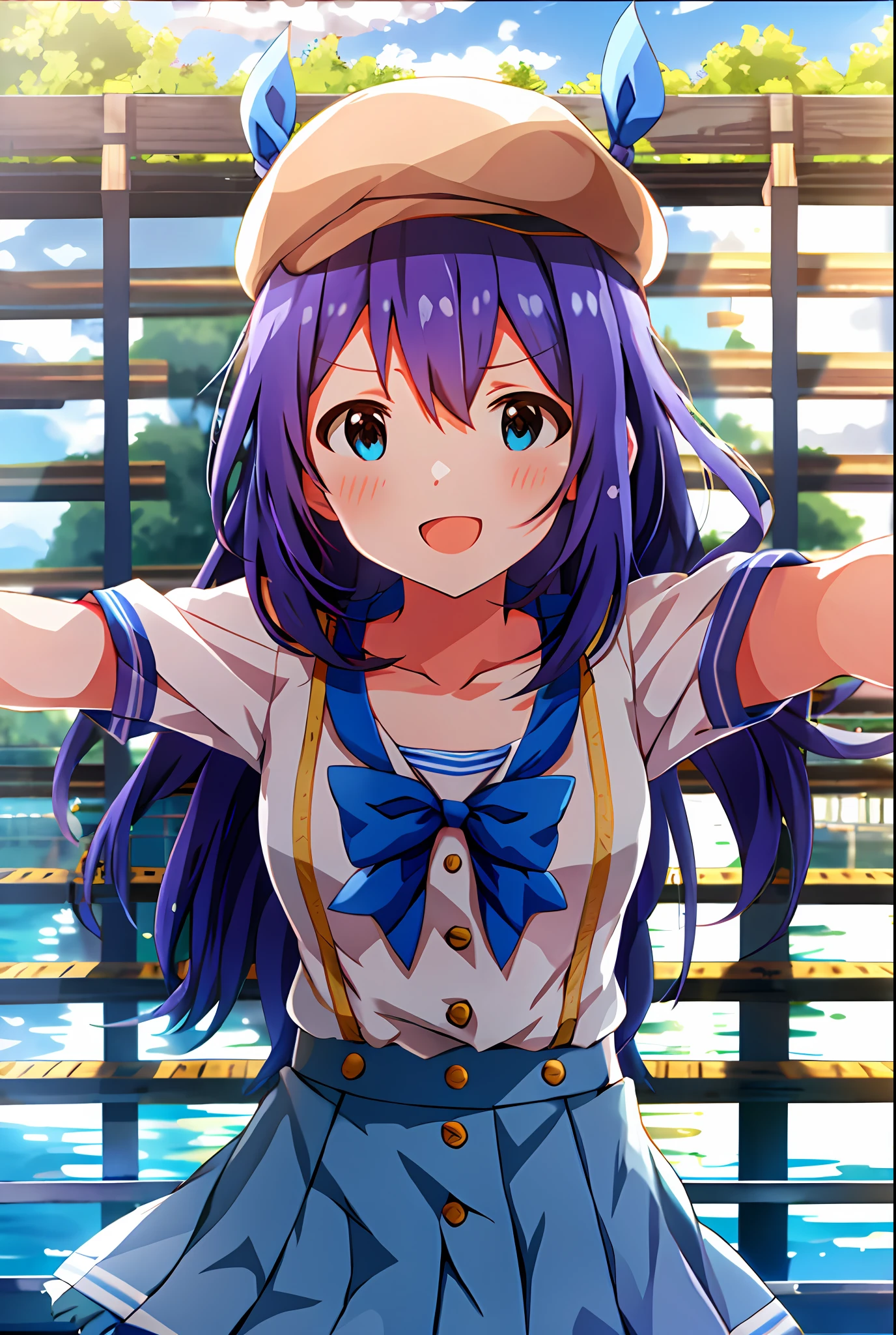 Anna Mochizuki (Million Live), Shiny Trinity \ (Costume), (Top Quality, 8K, Masterpiece, Super Detail: 1.2), Sea, Sun, Mottled Daylight, Blue Sky, Beautiful Clouds, 1 Girl, Solo, Skirt, Straight Face, V, View Viewer, White Sailor Color, Blue Shirt, Sailor Color, Blue Skirt, Pleated Skirt, Short Sleeve, :d, Shirt, School Uniform, Blush, Serafuk, Clavicle, Bow, Ribbon, blue bow.spread arms.chest.