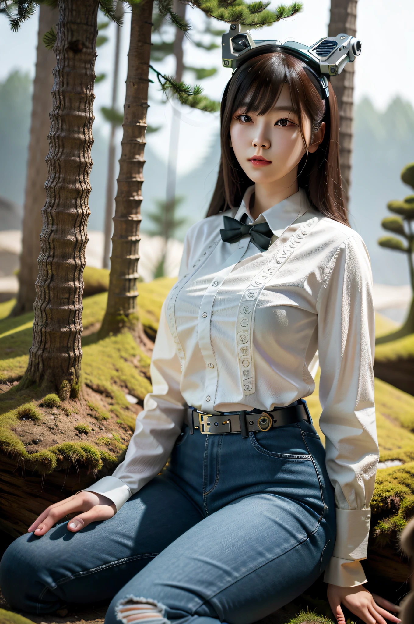 (best quality:1.4), intricate detailed, 20 years old korean girl, cyborg, detailed forest