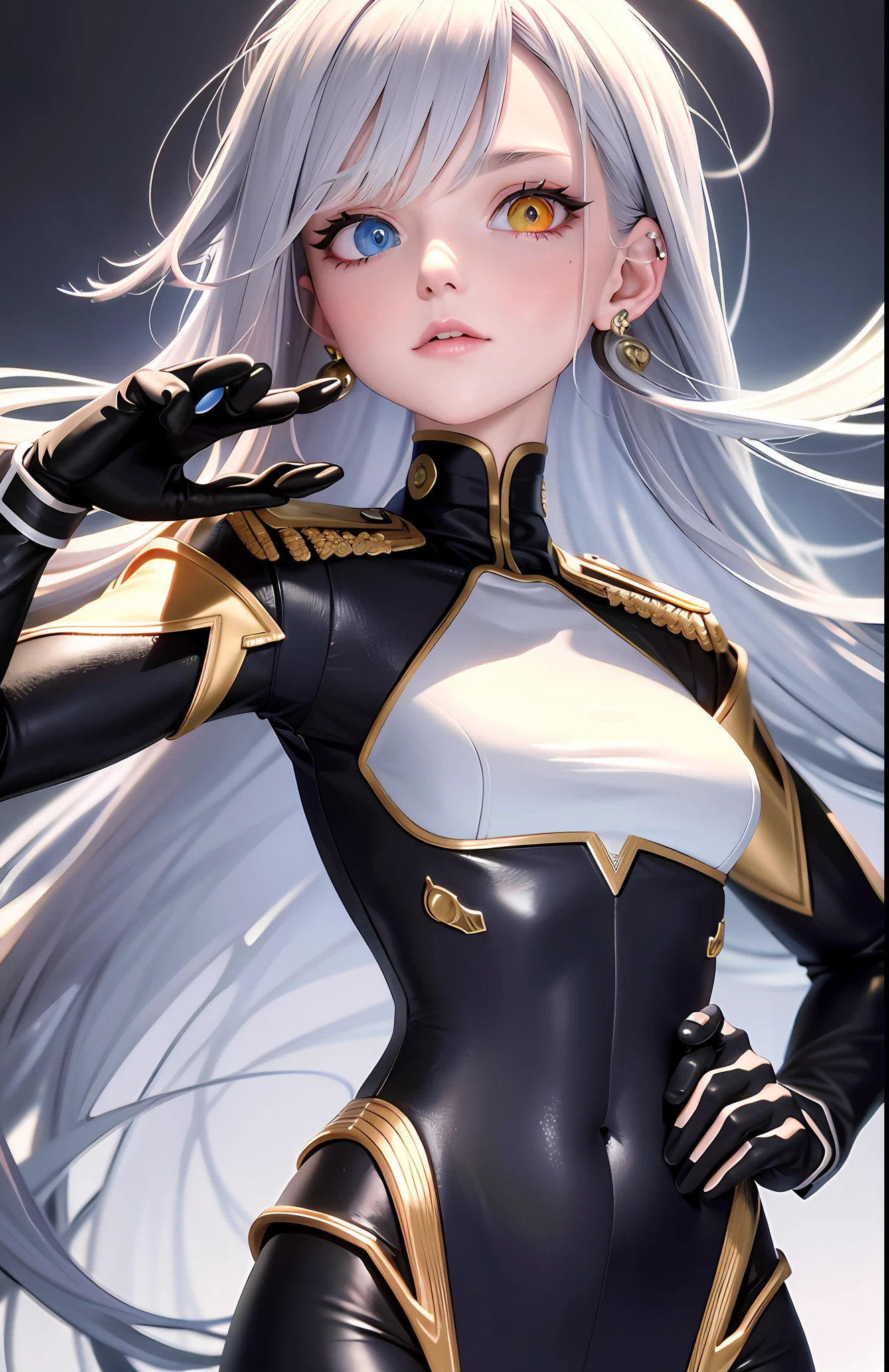 Best, Masterpiece, High Resolution, Best Quality, Ultra HD, Super Detail, Award-Standing, 16k, (Upper Body), Anatomically Correct, Action Pose, Beautiful Maiden, Cute Face, Gradient Gray Hair with Pick Dye, Hair Strands, ((Heterochromia)), Long Eyelashes, Hanging Corners, Fair Skin, (Small), (Slim Body), ((Military Uniform)), Stud Earrings, (Neck Rings), Very, Very Short Gloves