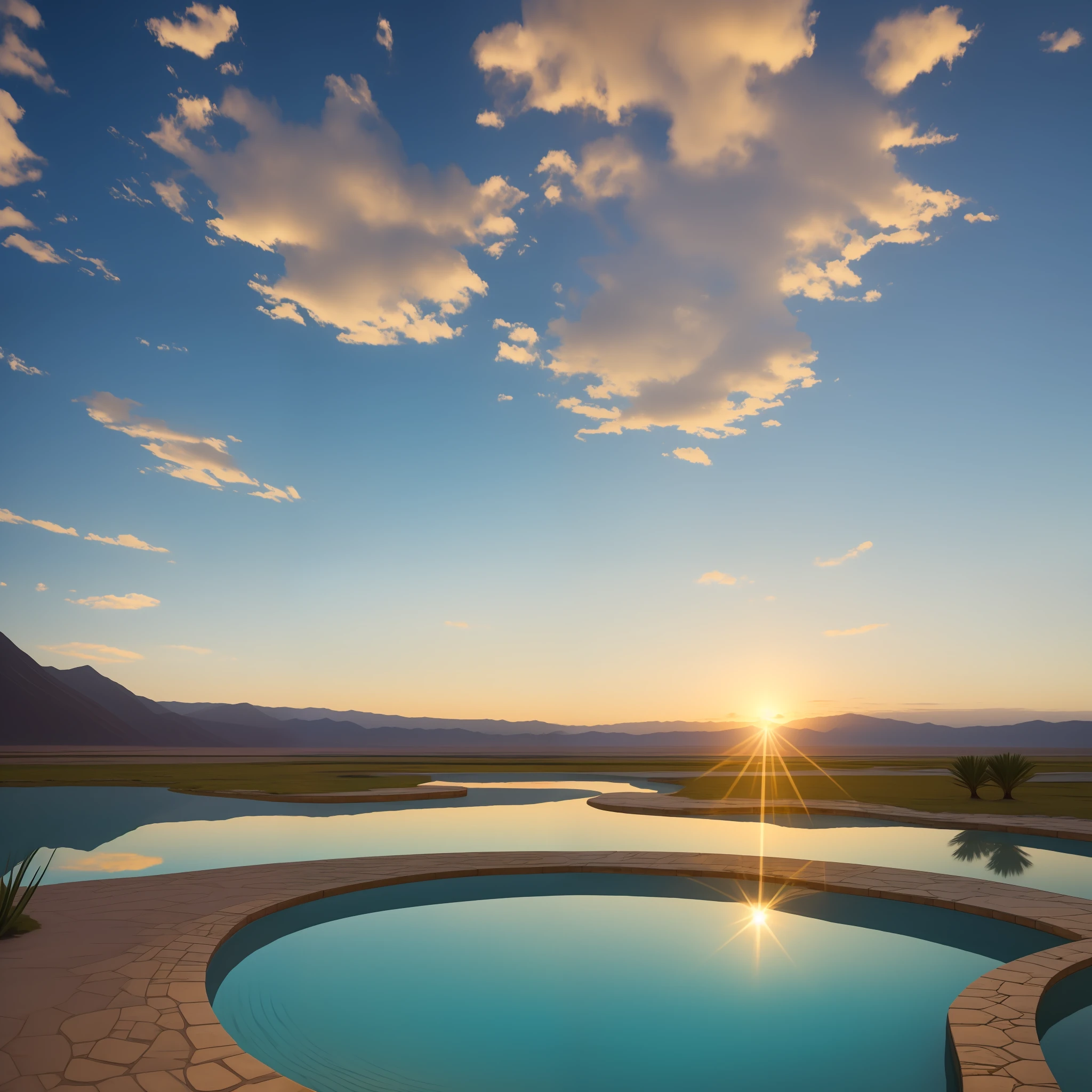 Masterpiece, of the best quality, a vast oasis, soft light, healing, clear water, clear sky --auto --s2