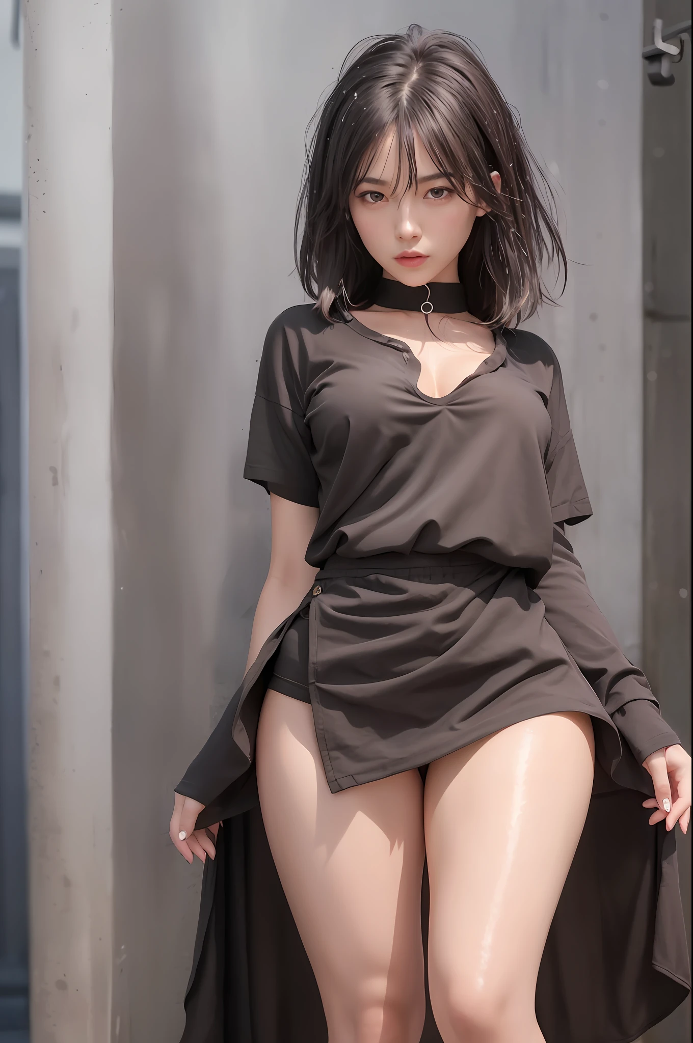 (Top Quality, 4k, Masterpiece: 1.3), Beautiful Woman, Female One, (Breasts, Attractive Body: 1.2), Abs: 1.1, Dark Brown Hair: 1.1, (Wet Body, Wet Body: 1.2), Ultra-Detailed Face, Detailed Lips, Detailed Eyes, Double Eyelids, Campsite, Sneakers, Chibi T-Shirt, Mini Skirt, Full Body, Wide Shot