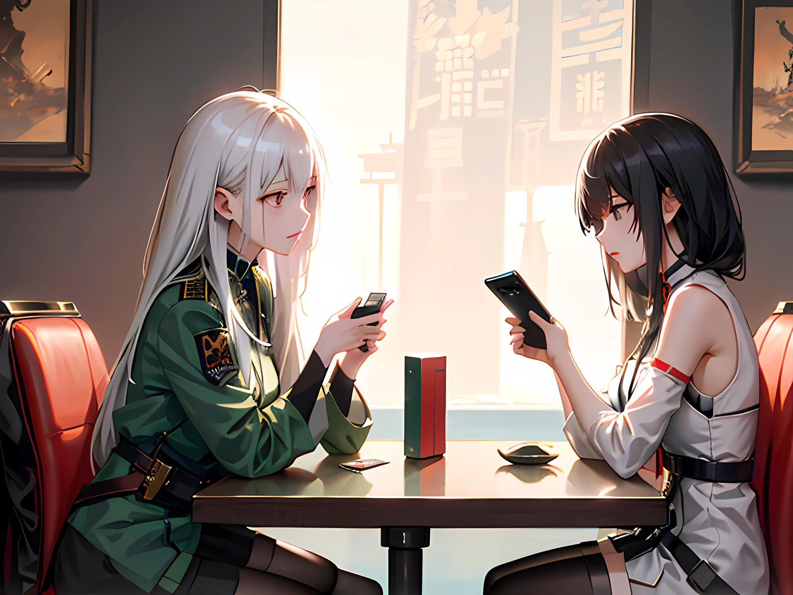 anime characters sitting at a table with cell phones in their hands, artwork in the style of guweiz, from girls frontline, trending on cgstation, girls frontline style, artgerm and atey ghailan, guweiz, guweiz and makoto shinkai, girls frontline cg, kawacy, krenz cushart and wenjun lin