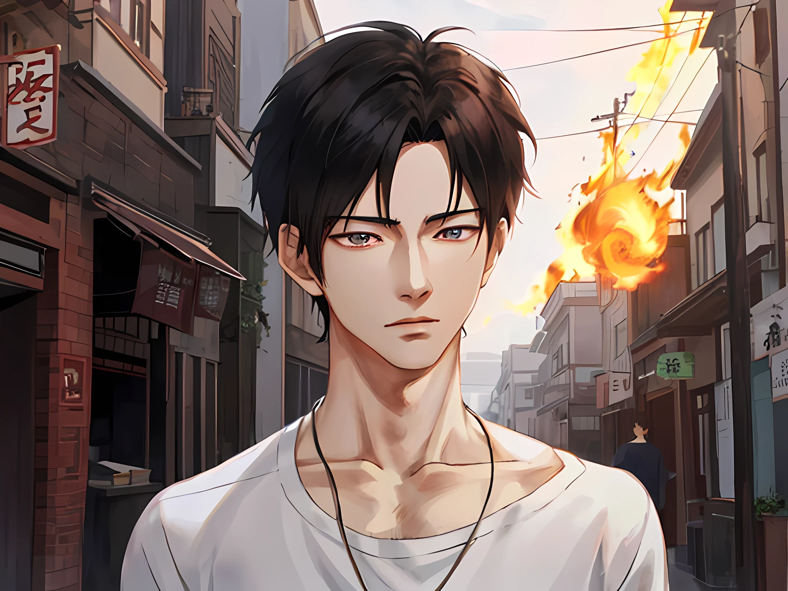 anime character in a white shirt standing in a street with a fire in the background, artwork in the style of guweiz, inspired by Bian Shoumin, handsome guy in demon slayer art, anime handsome man, inspired by Yanjun Cheng, smooth anime cg art, g liulian art style, yanjun chengt, delicate androgynous prince