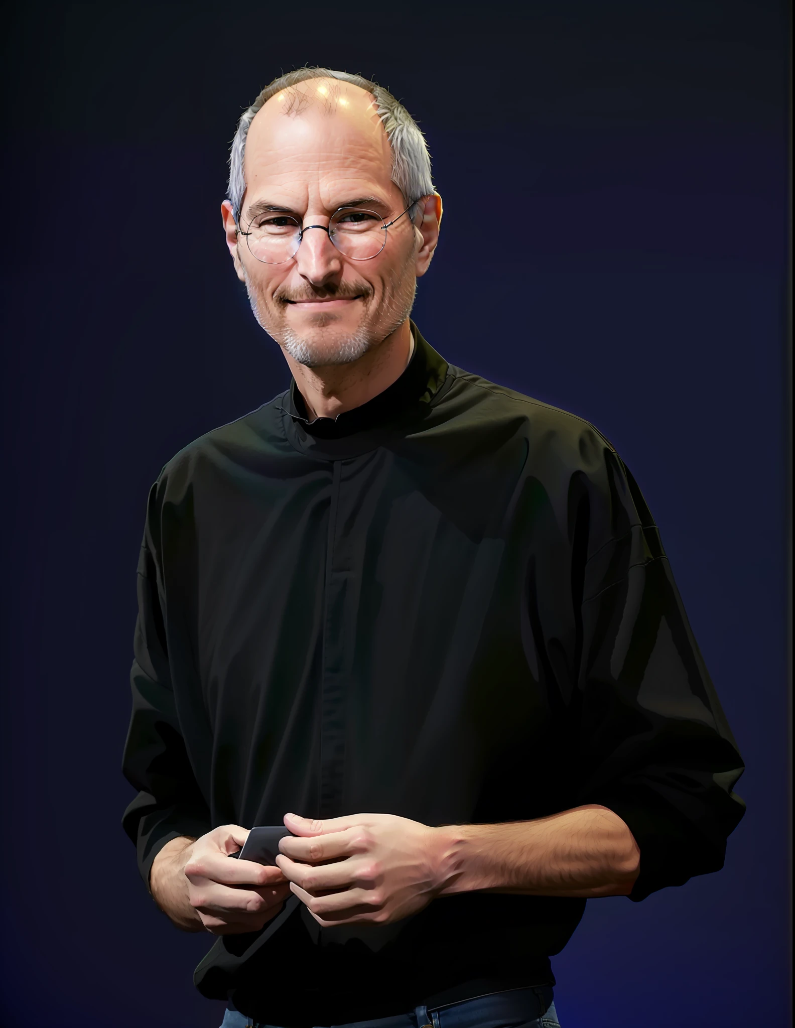 Arafed image of a man in black shirt and jeans, portrait of Steve Jobs, Steve Jobs, Steve Jobs as Hokage, photo credit: dizzy smile, very slightly smiling, apple, HQ, apple --auto --s2