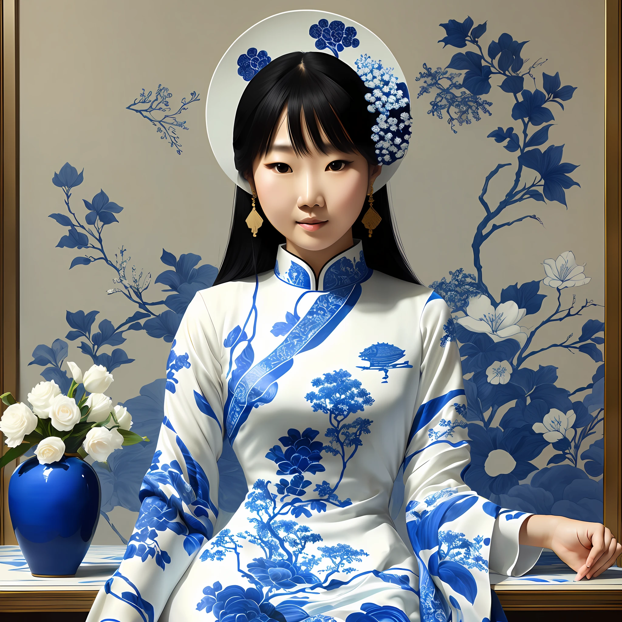 an asian woman in a white and blue dress holding a vase, in the style of large scale paintings, monochromatic elegance, tabletop photography, bo chen, animal motifs --ar 3:4 --q 2 --auto --s2