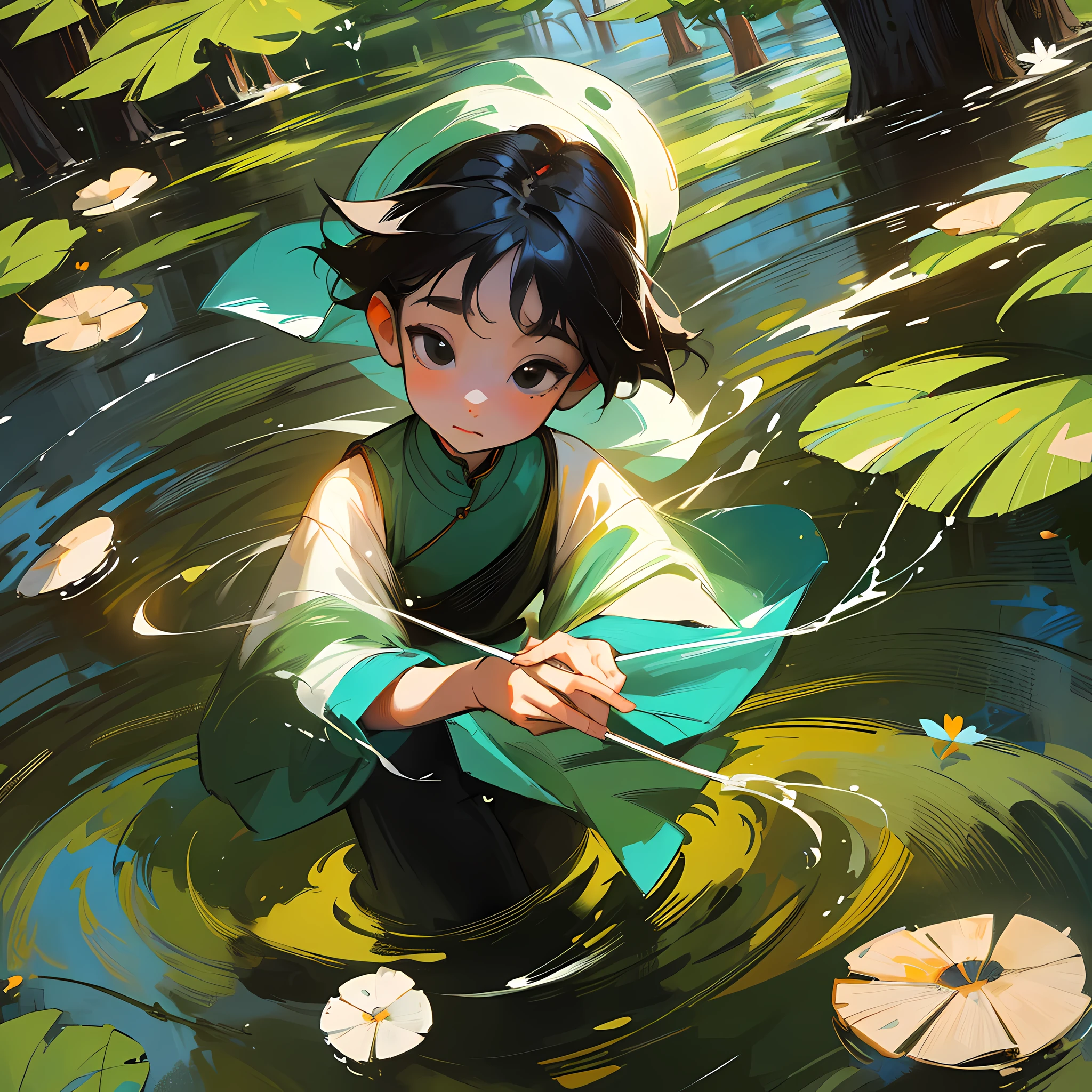 8k, masterpiece, high quality, children, black hair and black eyes, oil painting, Q version, green short sleeves, Chinese children's clothing, playing in the stream, background tree, delicate and clear facial features, clear five fingers