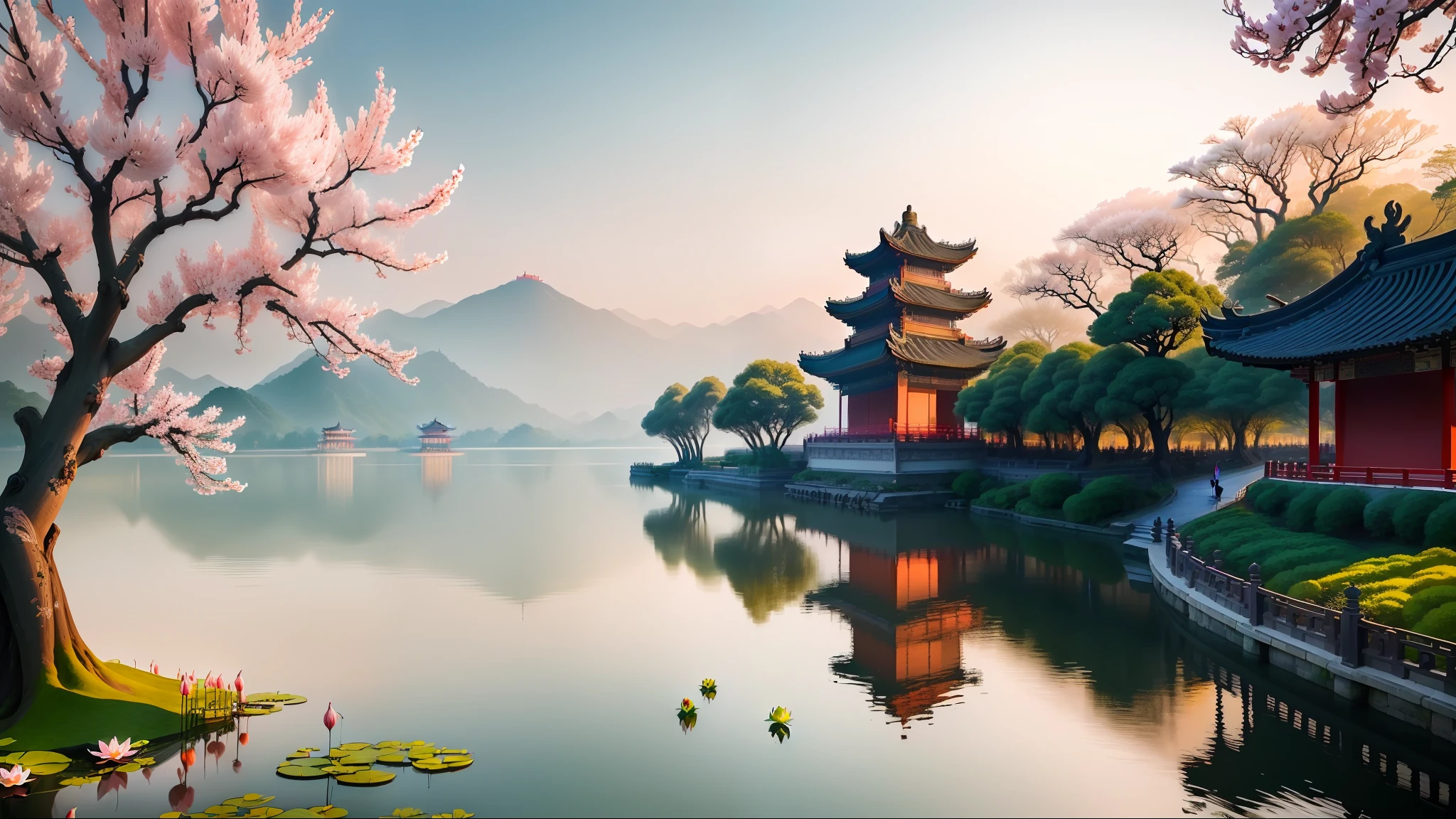 A masterpiece, exquisite. The beautiful scenery of Hangzhou West Lake, near the lake, lotus flowers, in the distance is Leifeng Pagoda, and in the sky is cranes