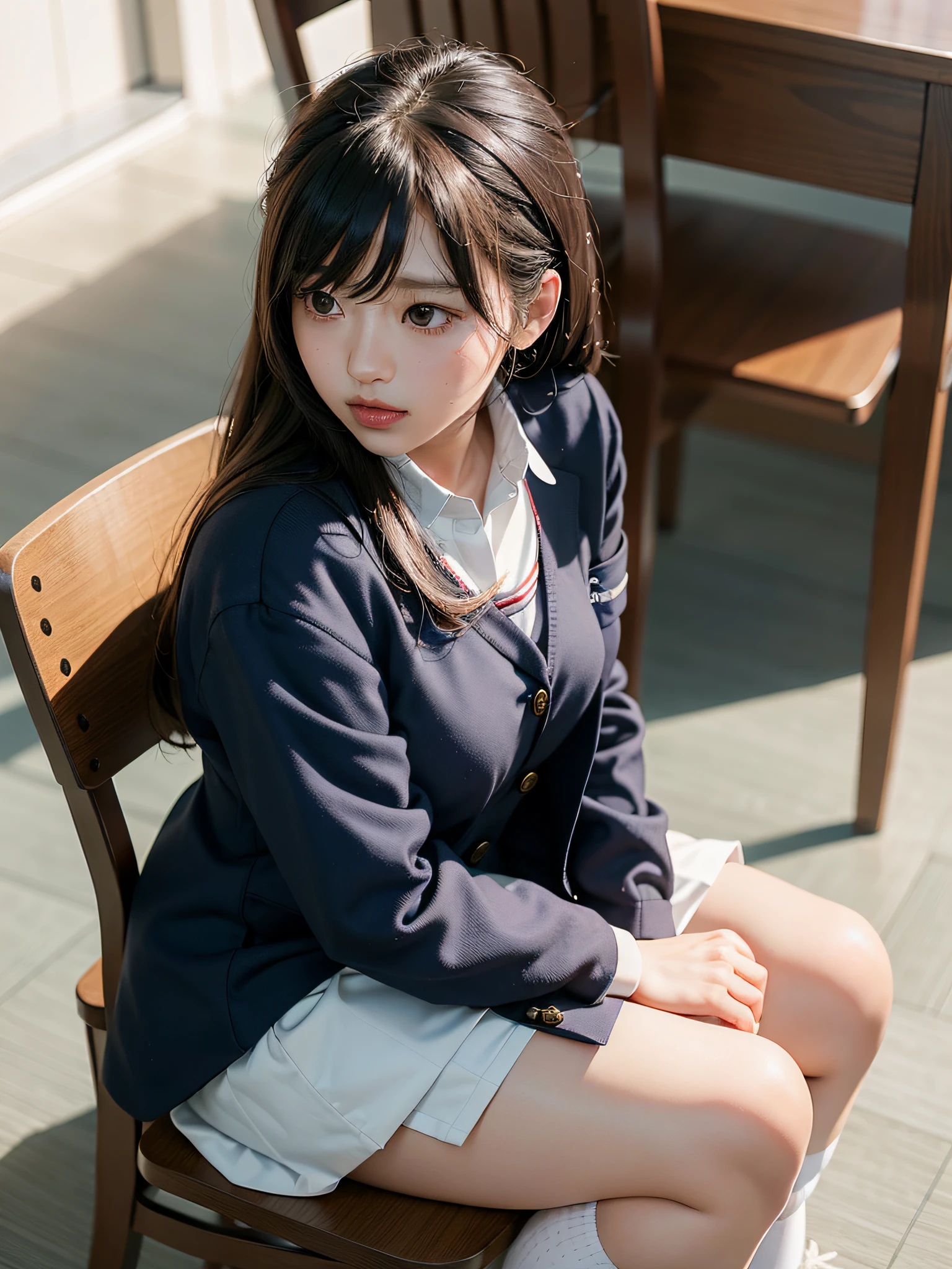 there is a woman sitting on a chair in a school uniform, a picture by Kim Myeong-guk, trending on cg society, shin hanga, japanese girl school uniform, wearing school uniform, wearing japanese school uniform, cute schoolgirl, korean girl, japanese school uniform, wearing a school uniform, school girl, a hyperrealistic schoolgirl, realistic schoolgirl