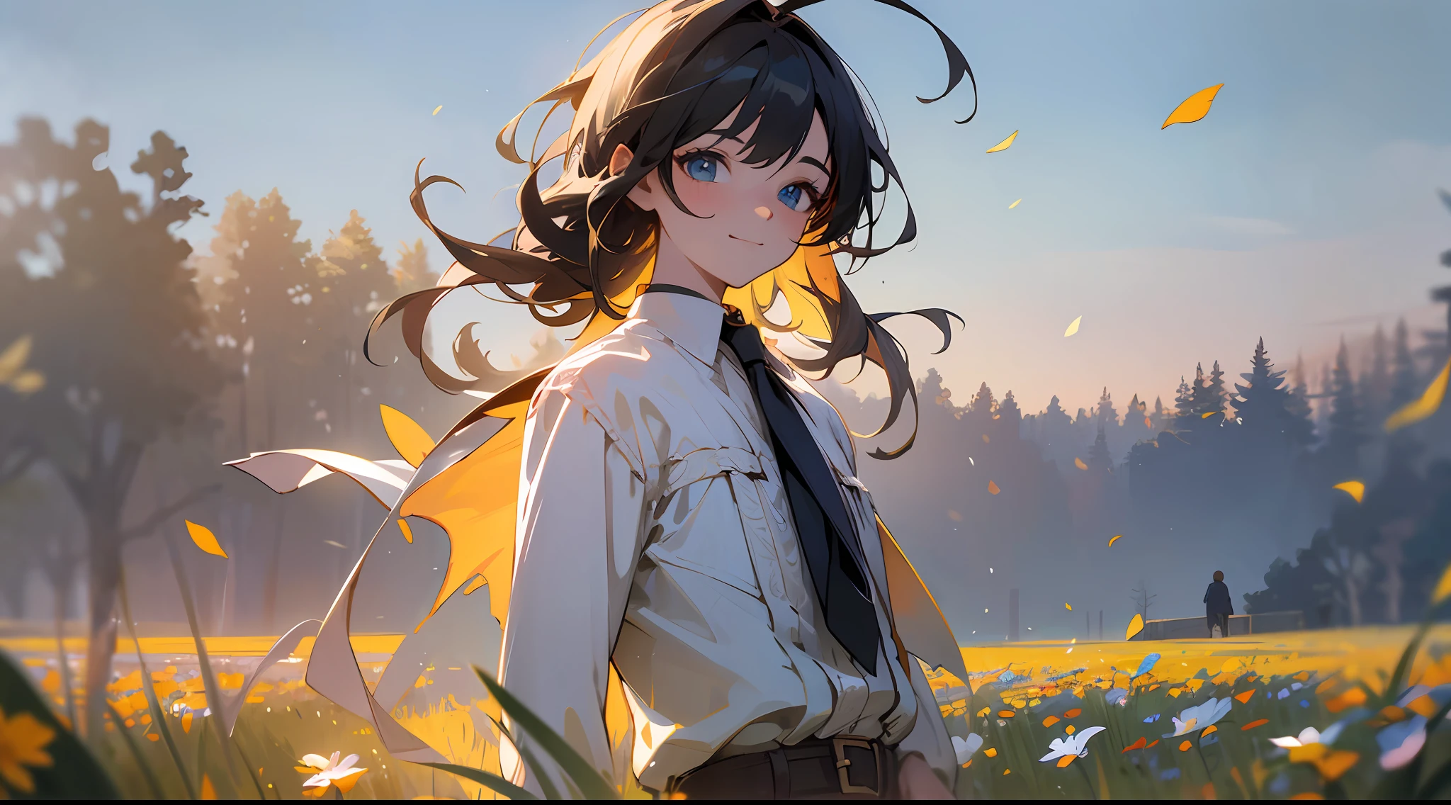 (masterpiece),(best quality),extremely detailed CG unity 8k wallpaper,ultra-detailed,highres,finely detail,(cowboy shot),upper body,Long shot,wide shot,(depth of field),perspective,cinematic lighting,extremely detailed eyes and face,(beautiful detailed eyes),light smile,A boy and a girl walk side by side, flower fields, sky, grass, flowers, petals