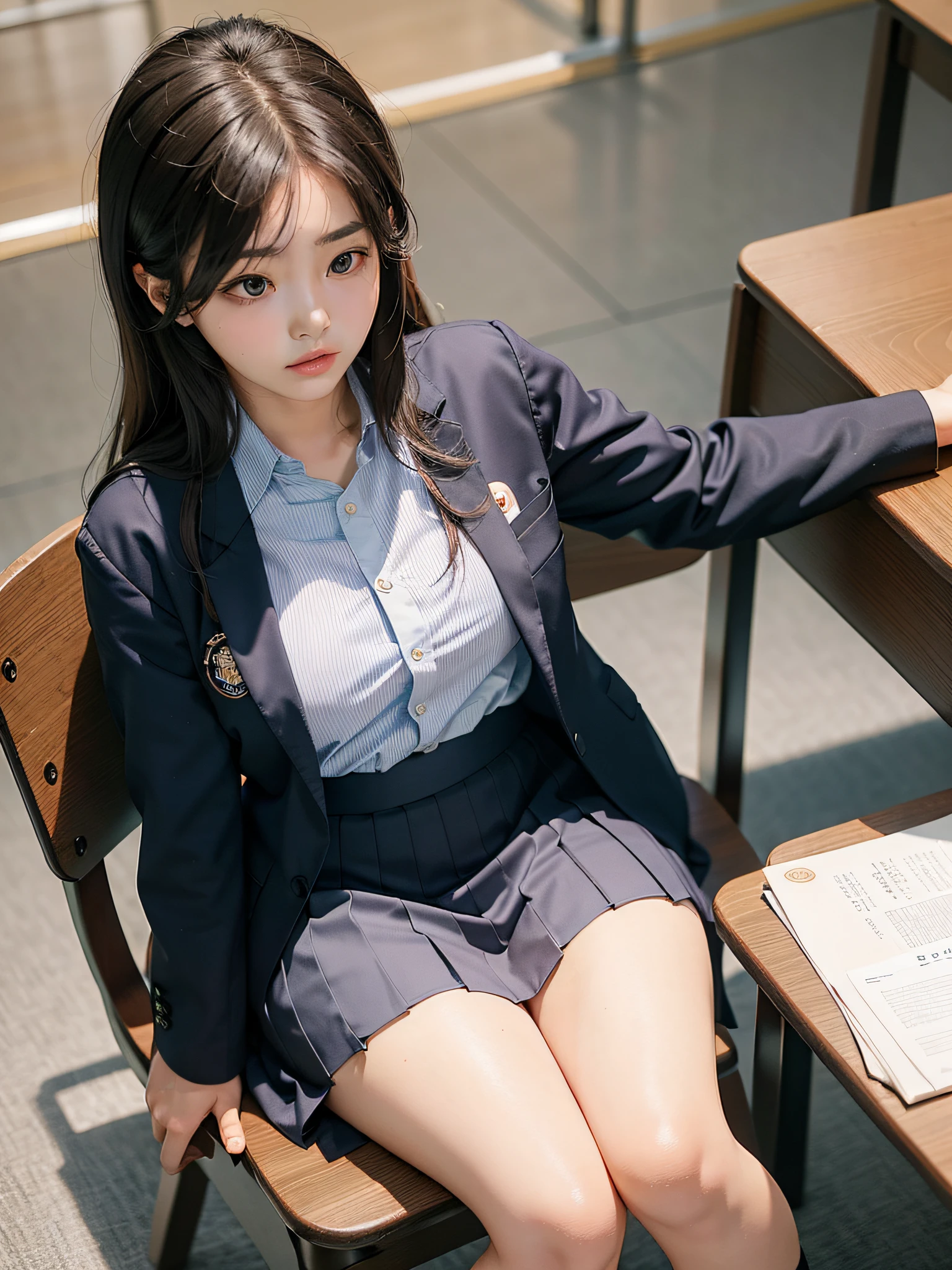 there is a woman sitting on a chair in a school uniform, a picture by Kim Myeong-guk, trending on cg society, shin hanga, japanese girl school uniform, wearing school uniform, wearing japanese school uniform, cute schoolgirl, korean girl, japanese school uniform, wearing a school uniform, school girl, a hyperrealistic schoolgirl, realistic schoolgirl