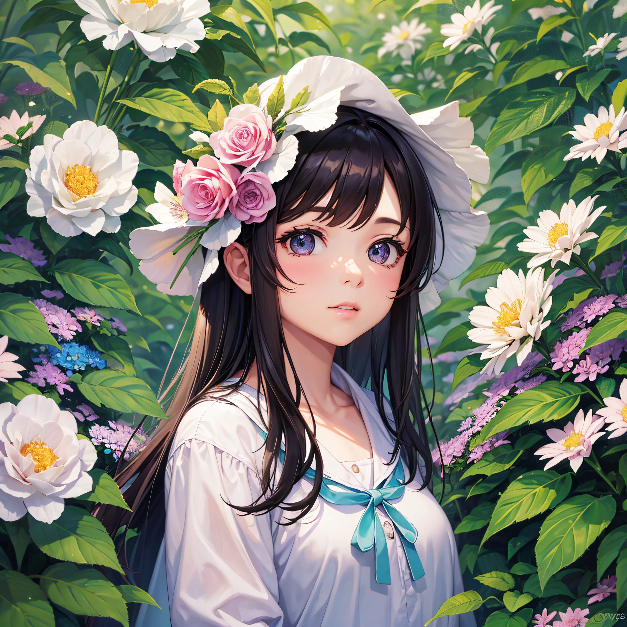 A girl, surrounded by flowers, close-up of flowers --auto --s2