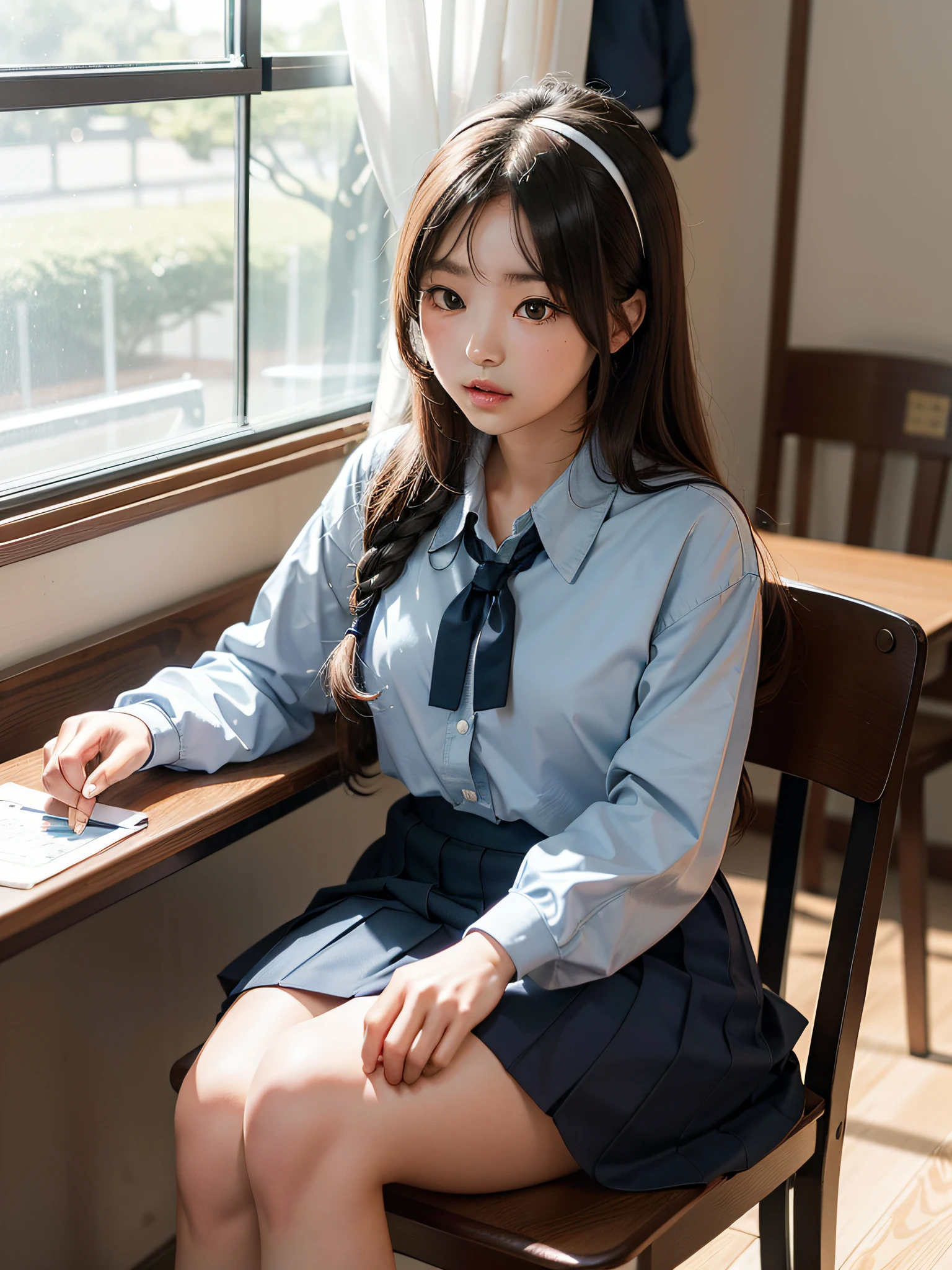 there is a woman sitting on a chair in a school uniform, a picture by Kim Myeong-guk, trending on cg society, shin hanga, japanese girl school uniform, wearing school uniform, wearing japanese school uniform, cute schoolgirl, korean girl, japanese school uniform, wearing a school uniform, school girl, a hyperrealistic schoolgirl, realistic schoolgirl