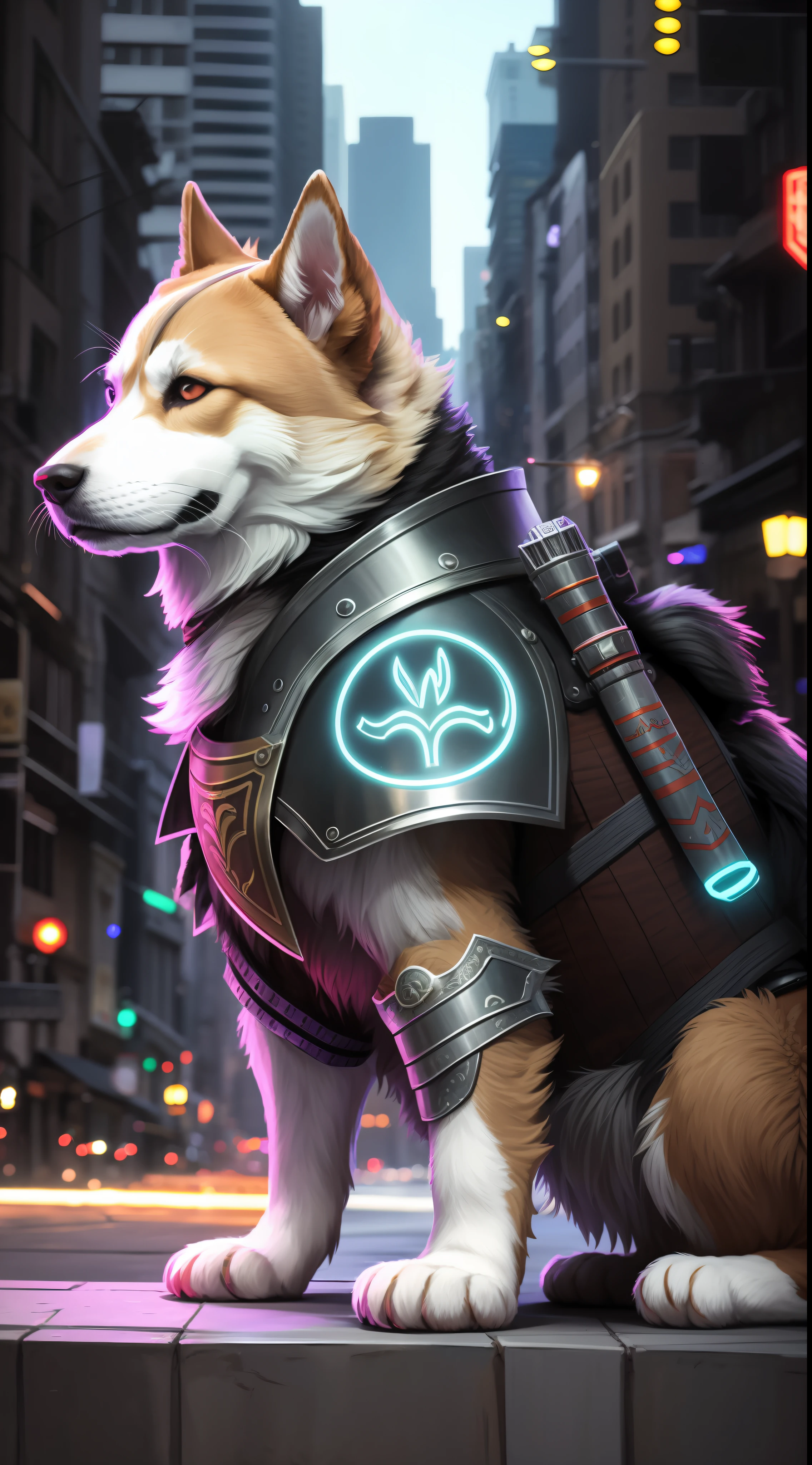 1Furry warrior dog in armor,brave and with weapon,realistic 8k,in a city at night neon,bright colors,bottom-up angle,cinematic --auto --s2