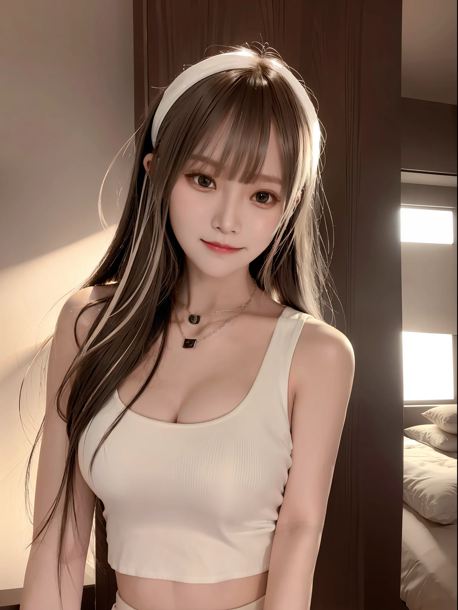 Crop top hansohee, necklace, bangs, smile edge lighting, two-tone lighting, dim, understated, ultra-realistic realistic textures dramatic lighting unrealengine artstation, winning photo, nikon raw photo, 8 k, Fujifilm XT3, masterpiece, best quality, realistic, photorealistic, ultra detailed, extremely detailed face,