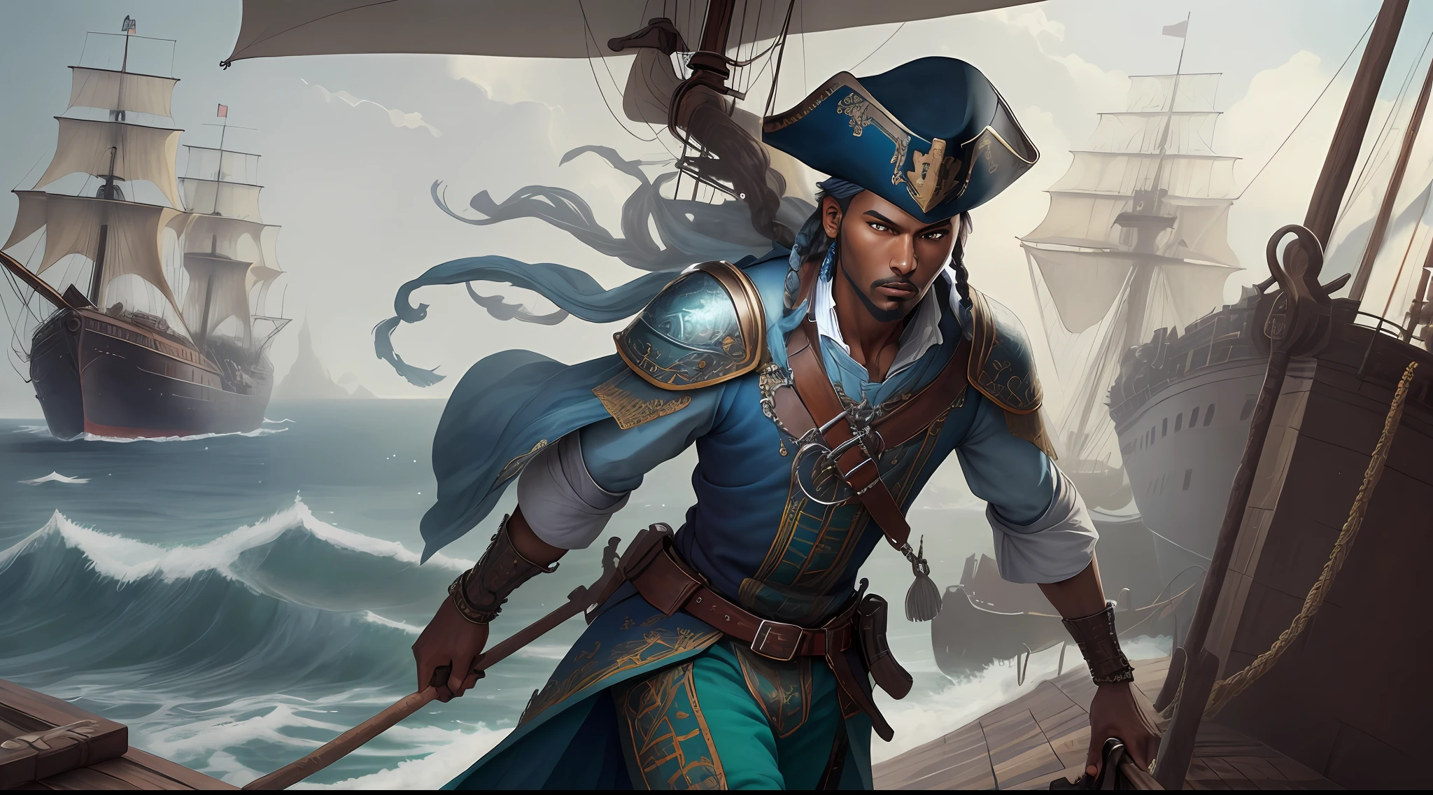 (highly detailed RAW color photo, ridiculous resolution, high resolution, ultra-detailed), ((r 9 6 angles)), dark skin, handsome, fearless and brave expression, mature, thin shoulders, very thin body, black captive dark pirate hat, white dirty braids, vibrant green eyes, (detailed eyes and detailed face), extremely detailed 8k photo, (full body: 0.9), beautiful, overboard, offboard background, detailed face, (Medieval Fantasy Theme: 1.3), Light Blue Pirate Themed Armor with Highly Intricate Details, Blue Pants, Ship in the Background, Inside the Ship, Deck of the Ship, Inspired by Dungeons & Dragons, Digital Artwork, Surreal, Photography, Soft Lighting, Soft Details, Octane, ArtStation Trend, Ultra High Detail, Surreal, Movie, 16k