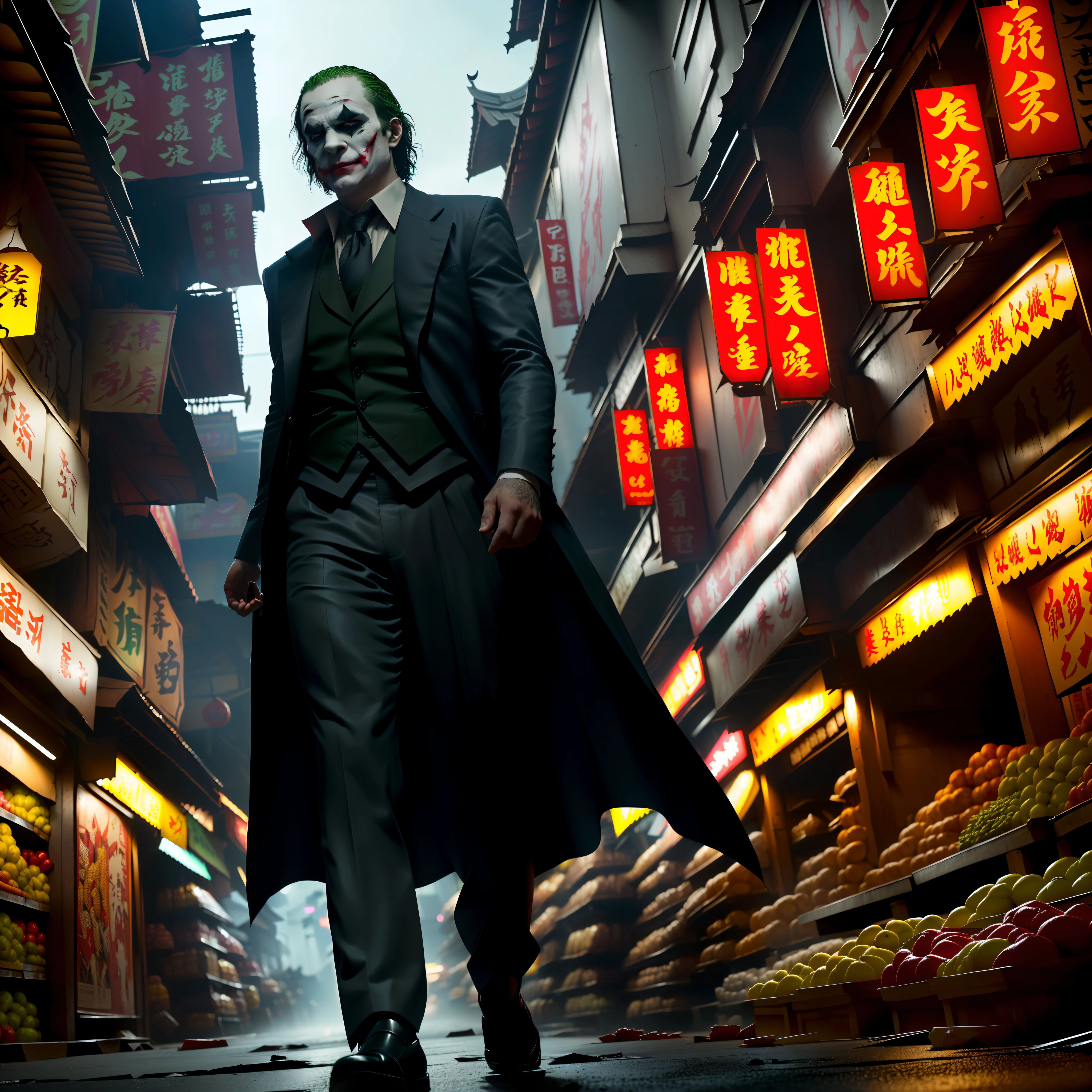 Low angle view, low angle shot, ultra detail photo of the notorious villain, Joker in the dark knight, walking in the street of local market of asian village, Joker in the street market, highly detailed, hyper realistic, octane render, unreal engine, 4k resolution