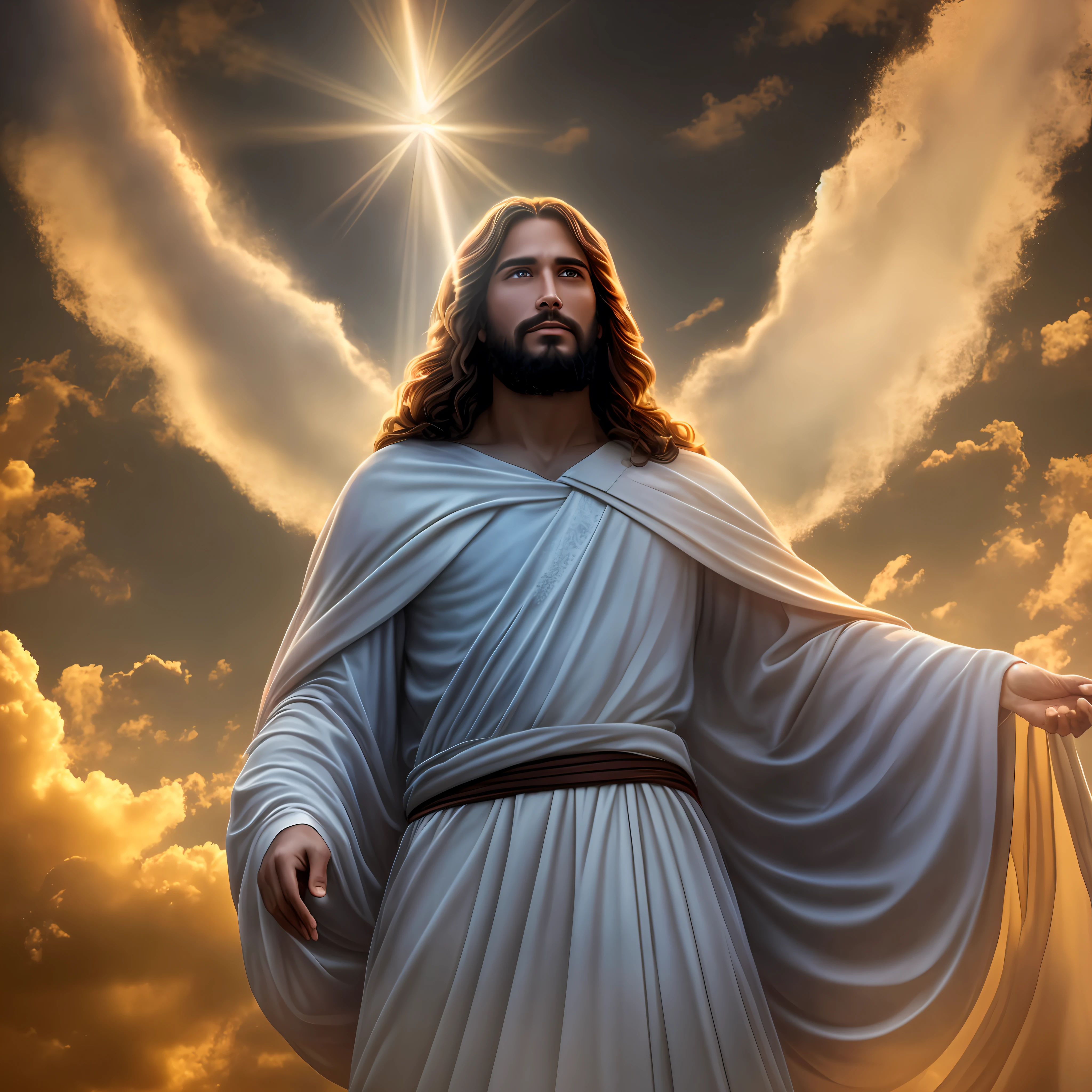 An enchanting aura surrounds the 27-year-old man, Jesus Christ, as he stands glorious and majestic among the clouds in heaven, illuminated by divine light.