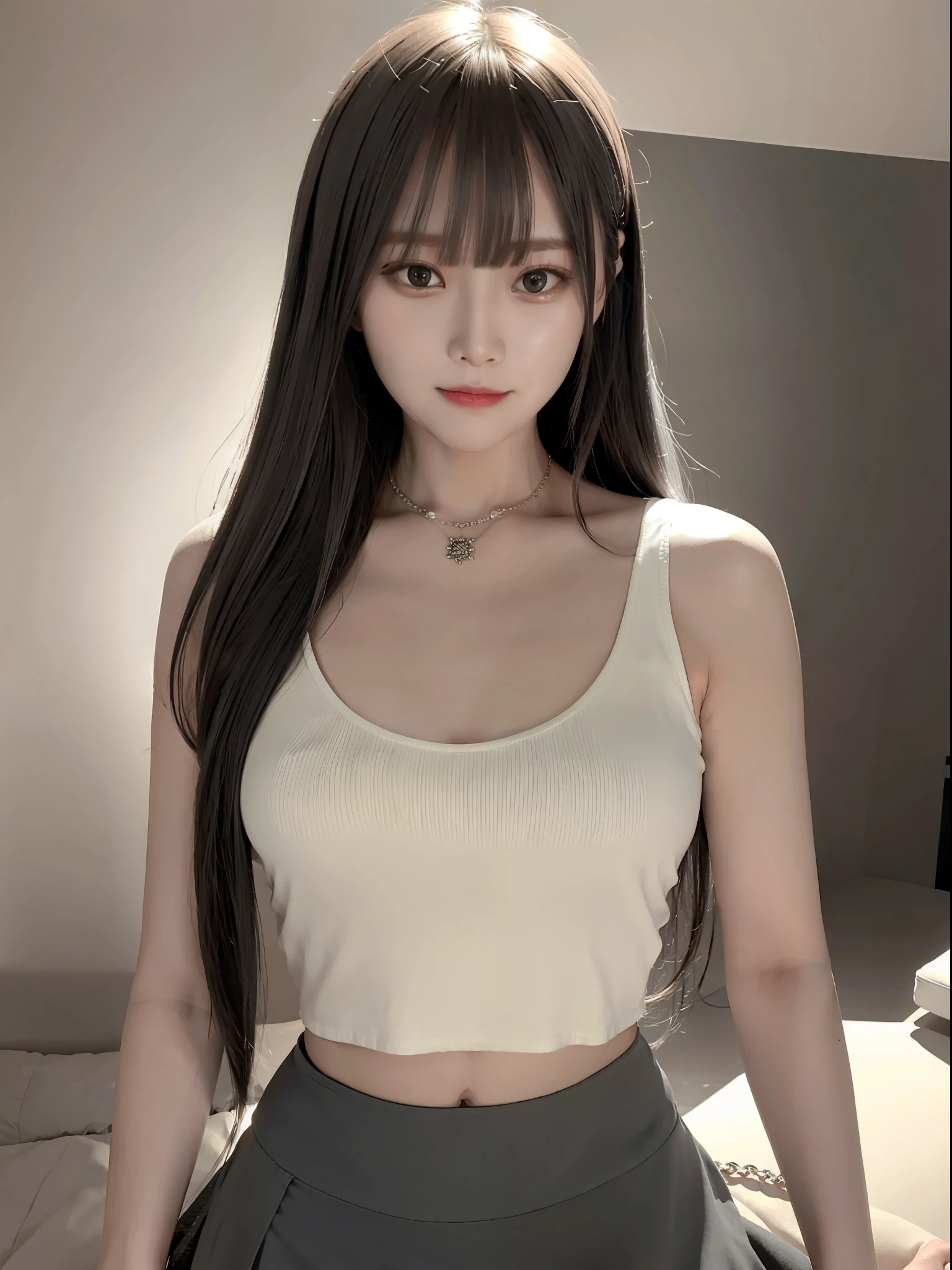 Crop top hansohee, necklace, bangs, smile edge lighting, two-tone lighting, dim, understated, ultra-realistic realistic textures dramatic lighting unrealengine artstation, winning photo, nikon raw photo, 8 k, Fujifilm XT3, masterpiece, best quality, realistic, photorealistic, ultra detailed, extremely detailed face,